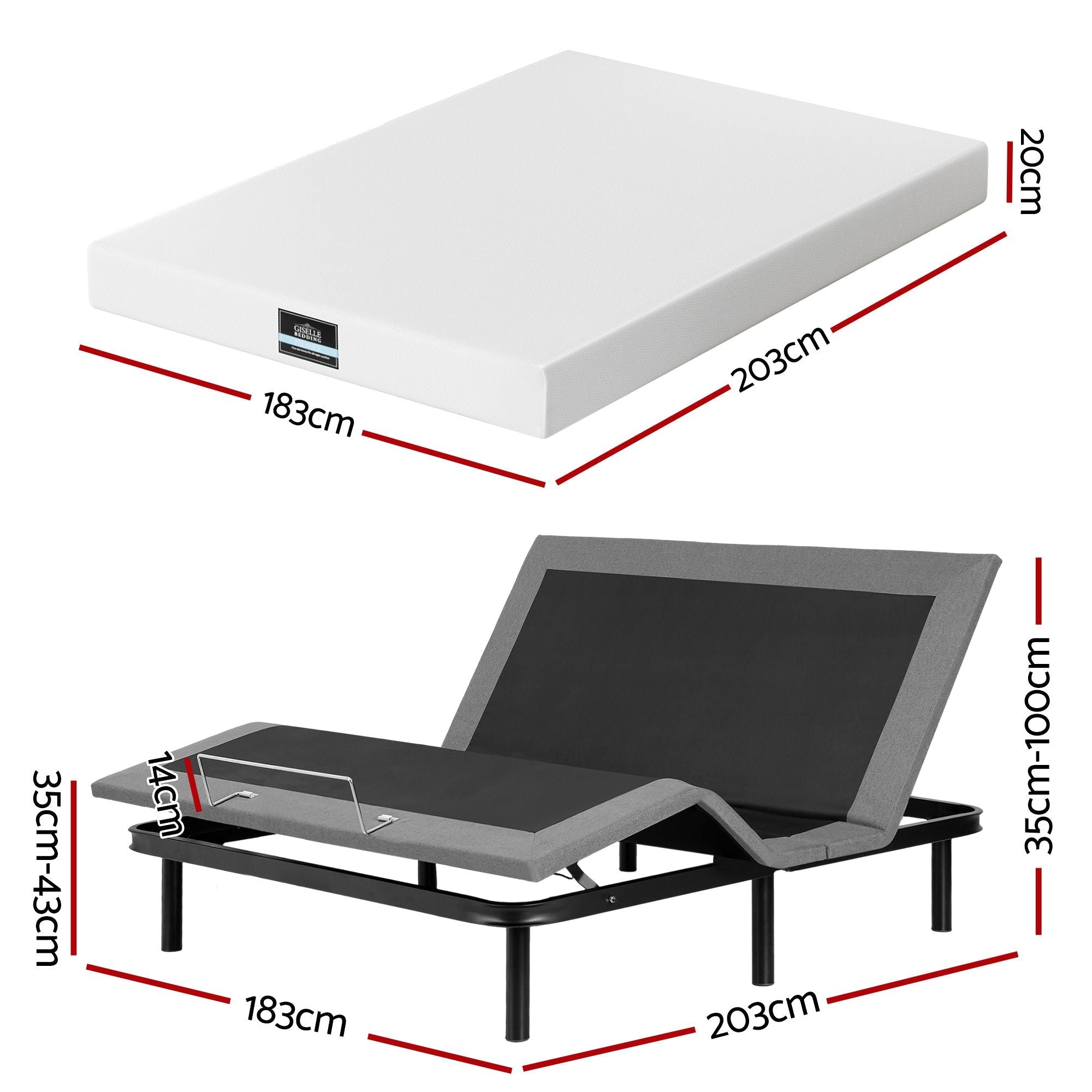 King size bed frame & Giselle Bedding King Mattress Combo, adjustable bed Base for Snoring Relief, Independent Head Foot Incline, Wireless Remote, Black,20cm Thickness - Furniture > Bedroom > Beds & Bed Frames - Rivercity House & Home Co. (ABN 18 642 972 209) - Affordable Modern Furniture Australia