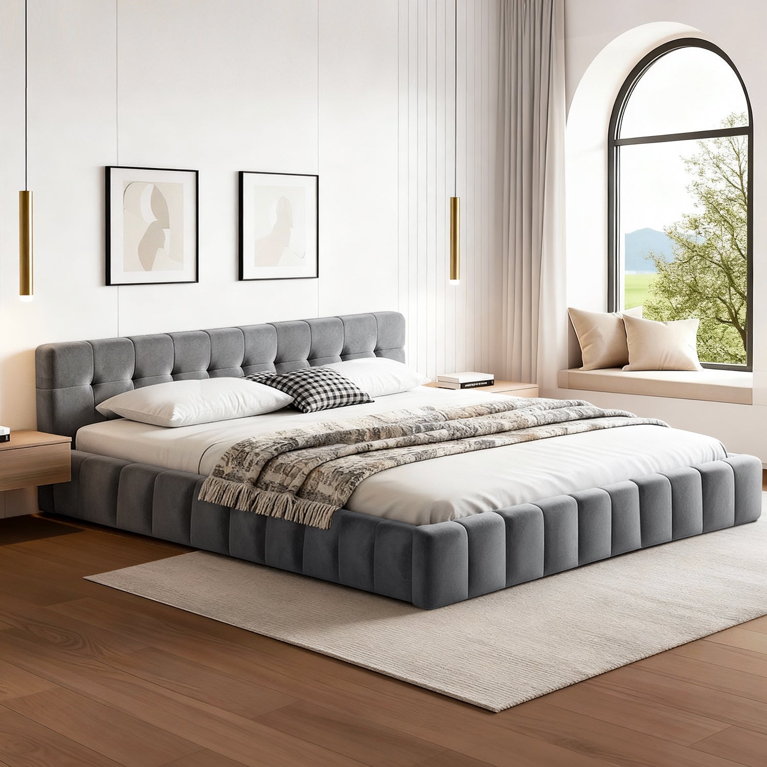 King Size Bed Frame Plush Soft Headboard Velvet Platform Base for Modern Bedrooms Grey - Furniture > Bedroom > Beds & Bed Frames - Rivercity House & Home Co. (ABN 18 642 972 209) - Affordable Modern Furniture Australia