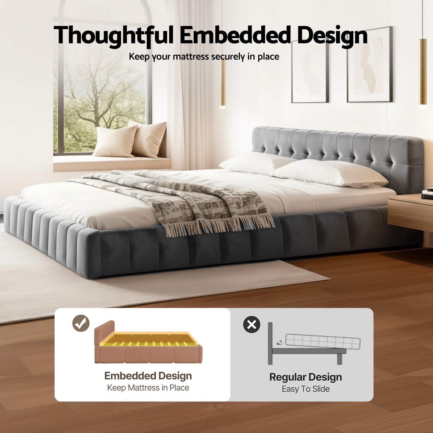 King Size Bed Frame Plush Soft Headboard Velvet Platform Base for Modern Bedrooms Grey - Furniture > Bedroom > Beds & Bed Frames - Rivercity House & Home Co. (ABN 18 642 972 209) - Affordable Modern Furniture Australia