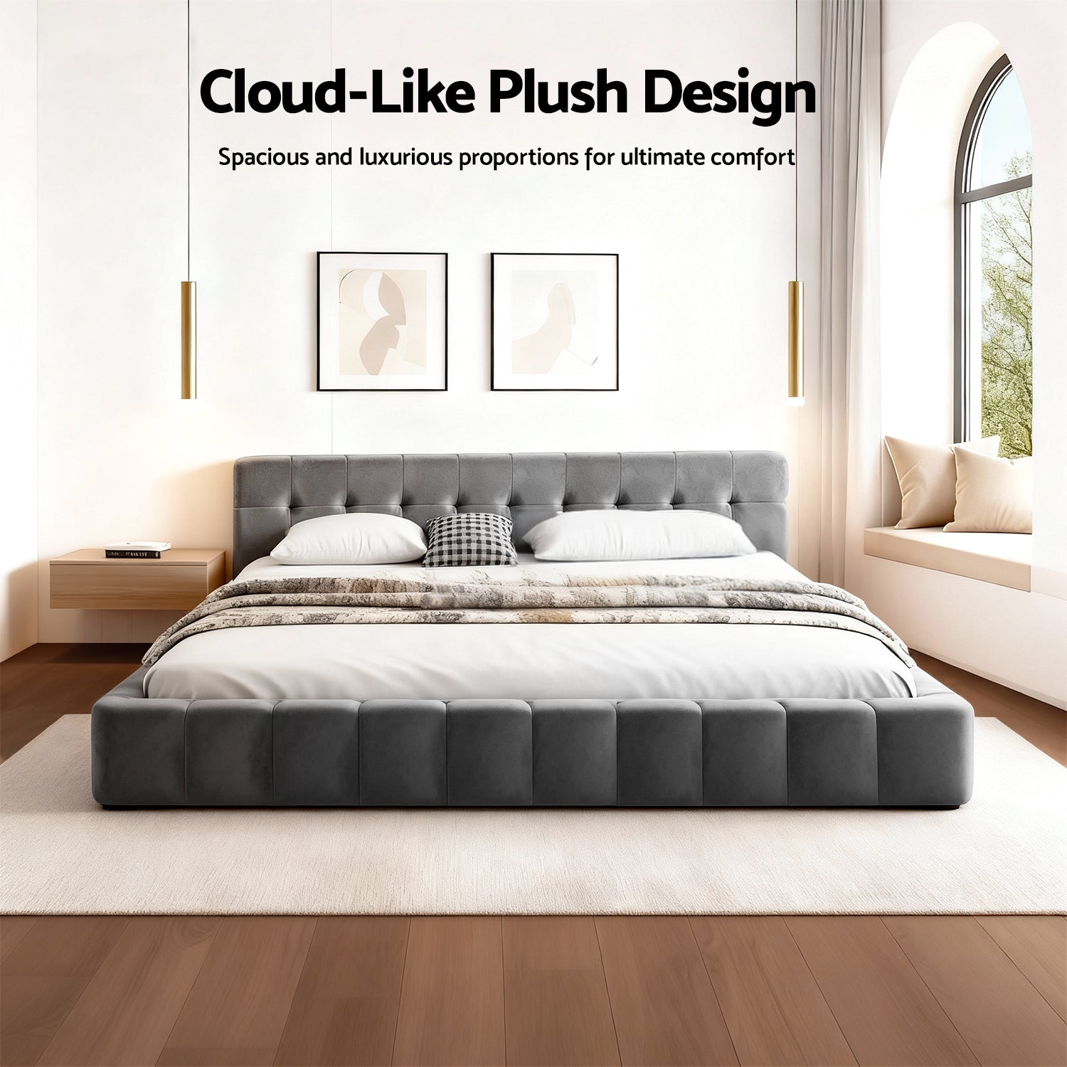 King Size Bed Frame Plush Soft Headboard Velvet Platform Base for Modern Bedrooms Grey - Furniture > Bedroom > Beds & Bed Frames - Rivercity House & Home Co. (ABN 18 642 972 209) - Affordable Modern Furniture Australia