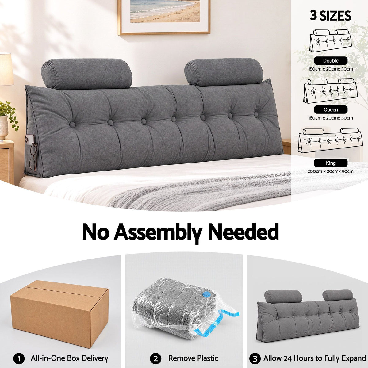 King Size Triangular Wedge Headboard Pillow with 2 Cushions - Grey - Furniture > Bedroom > Headboards - Rivercity House & Home Co. (ABN 18 642 972 209) - Affordable Modern Furniture Australia