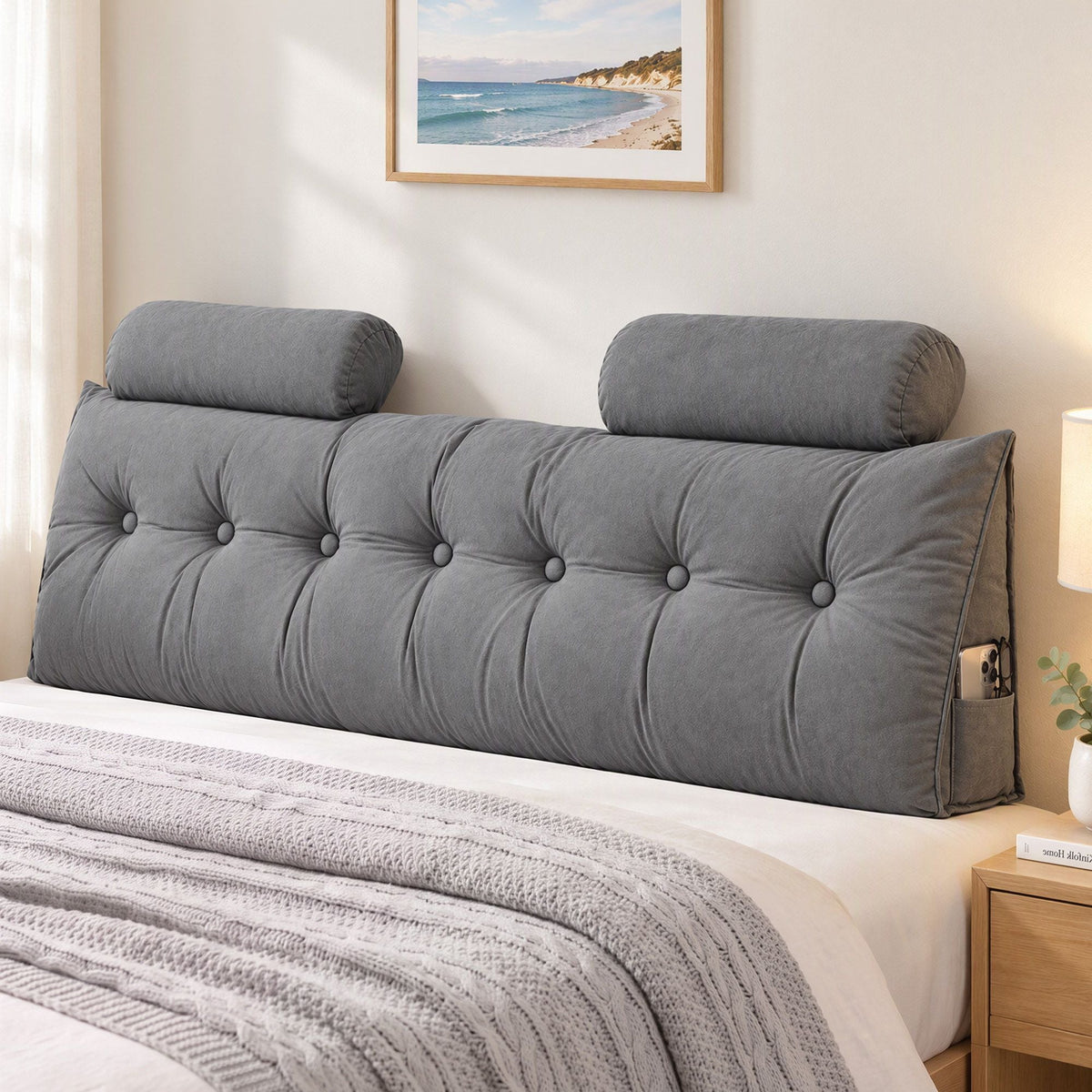 King Size Triangular Wedge Headboard Pillow with 2 Cushions - Grey - Furniture > Bedroom > Headboards - Rivercity House & Home Co. (ABN 18 642 972 209) - Affordable Modern Furniture Australia