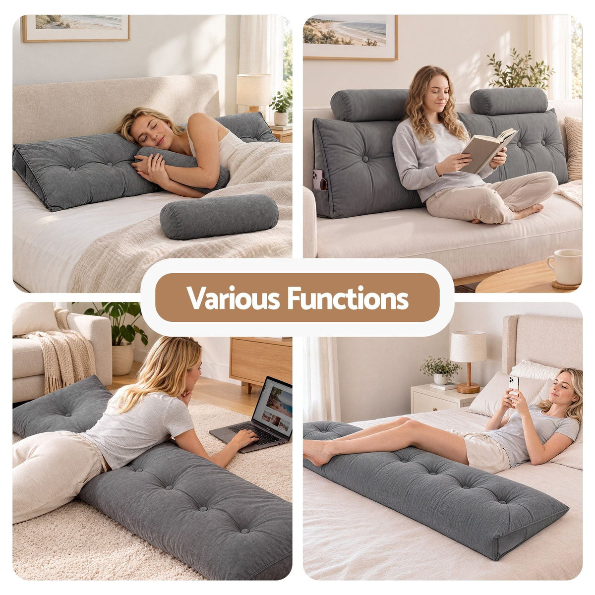 King Size Triangular Wedge Headboard Pillow with 2 Cushions - Grey - Furniture > Bedroom > Headboards - Rivercity House & Home Co. (ABN 18 642 972 209) - Affordable Modern Furniture Australia