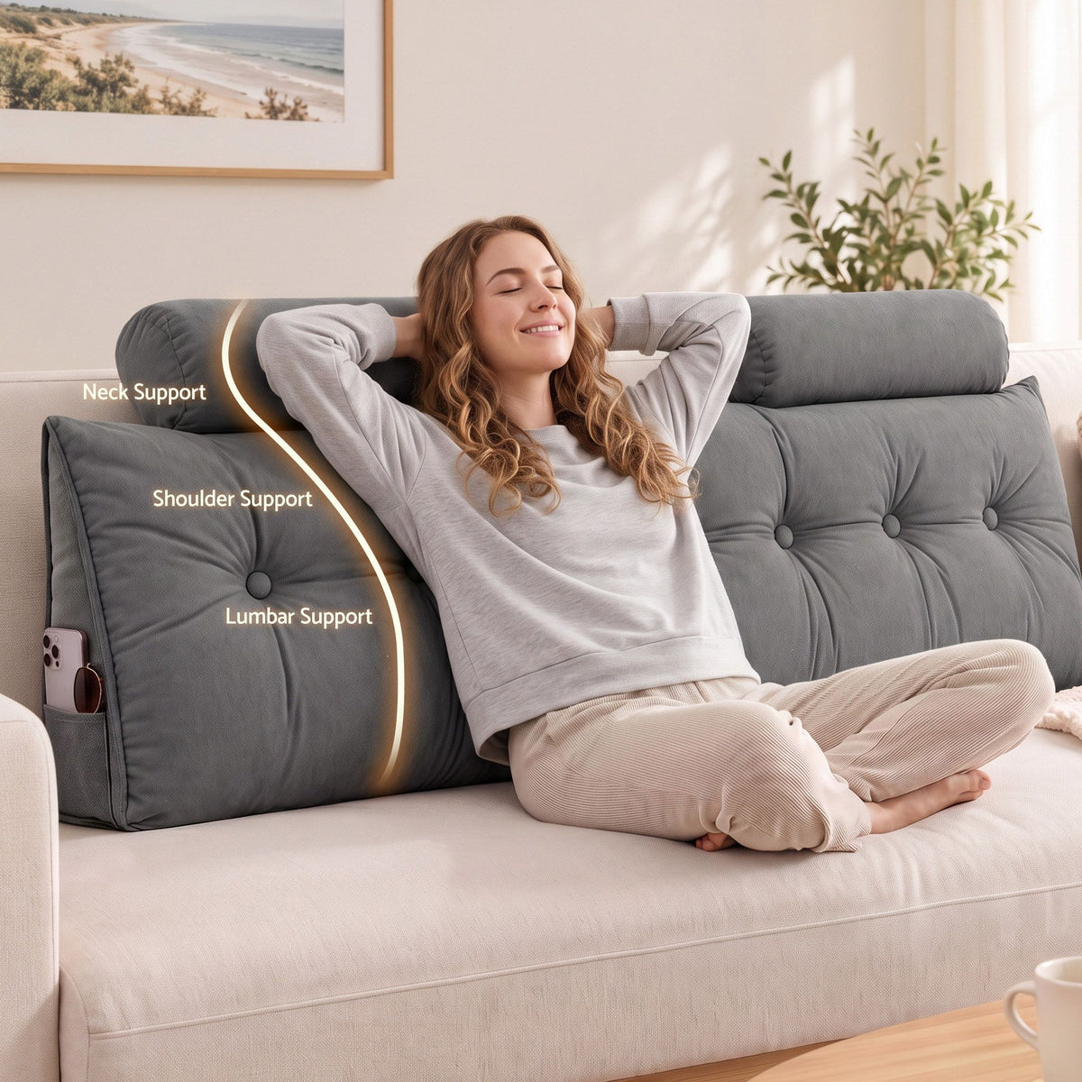 King Size Triangular Wedge Headboard Pillow with 2 Cushions - Grey - Furniture > Bedroom > Headboards - Rivercity House & Home Co. (ABN 18 642 972 209) - Affordable Modern Furniture Australia