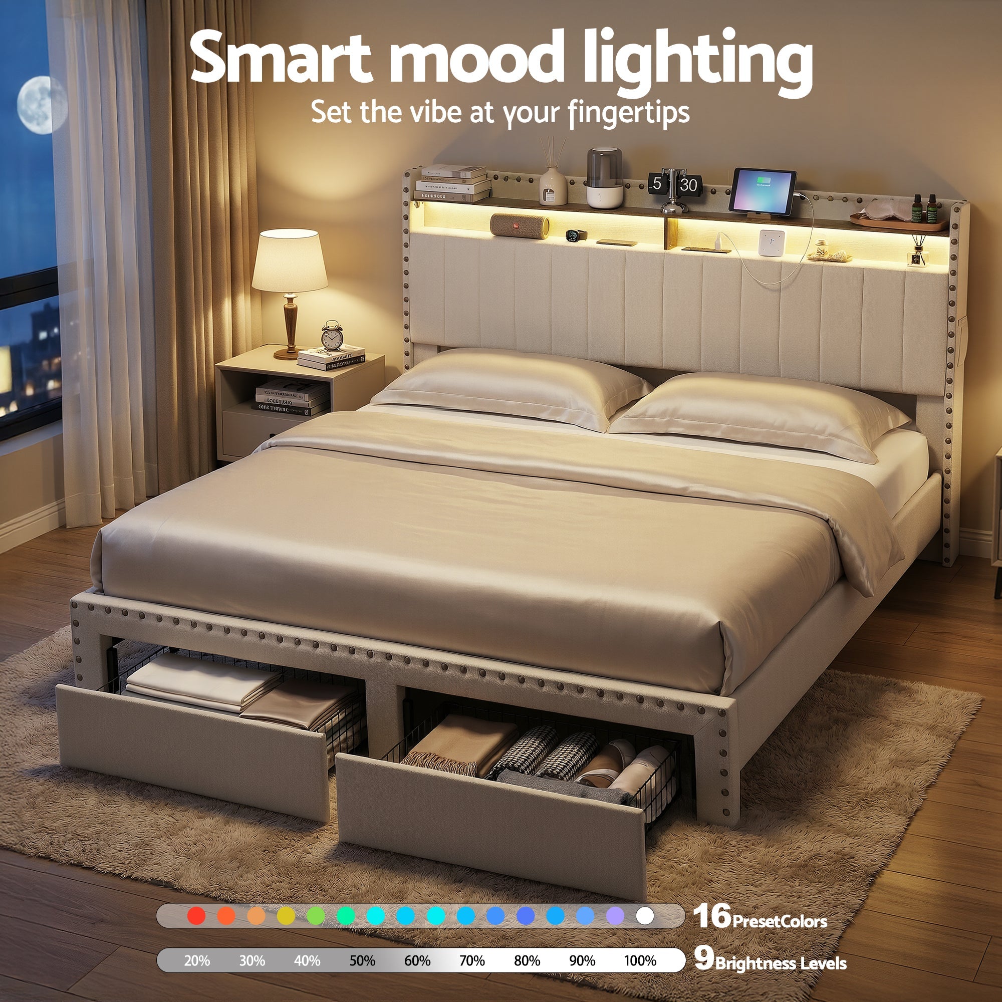 King Upholstered Bed Frame with Shelf Storage Drawers Charging Station Mood Lighting Linen - Furniture > Bedroom > Beds & Bed Frames - Rivercity House & Home Co. (ABN 18 642 972 209) - Affordable Modern Furniture Australia