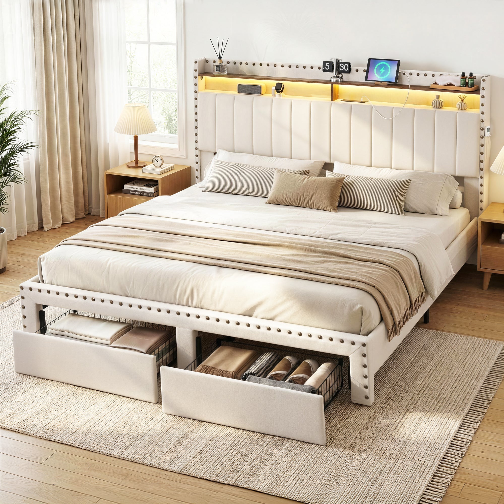 King Upholstered Bed Frame with Shelf Storage Drawers Charging Station Mood Lighting Linen - Furniture > Bedroom > Beds & Bed Frames - Rivercity House & Home Co. (ABN 18 642 972 209) - Affordable Modern Furniture Australia