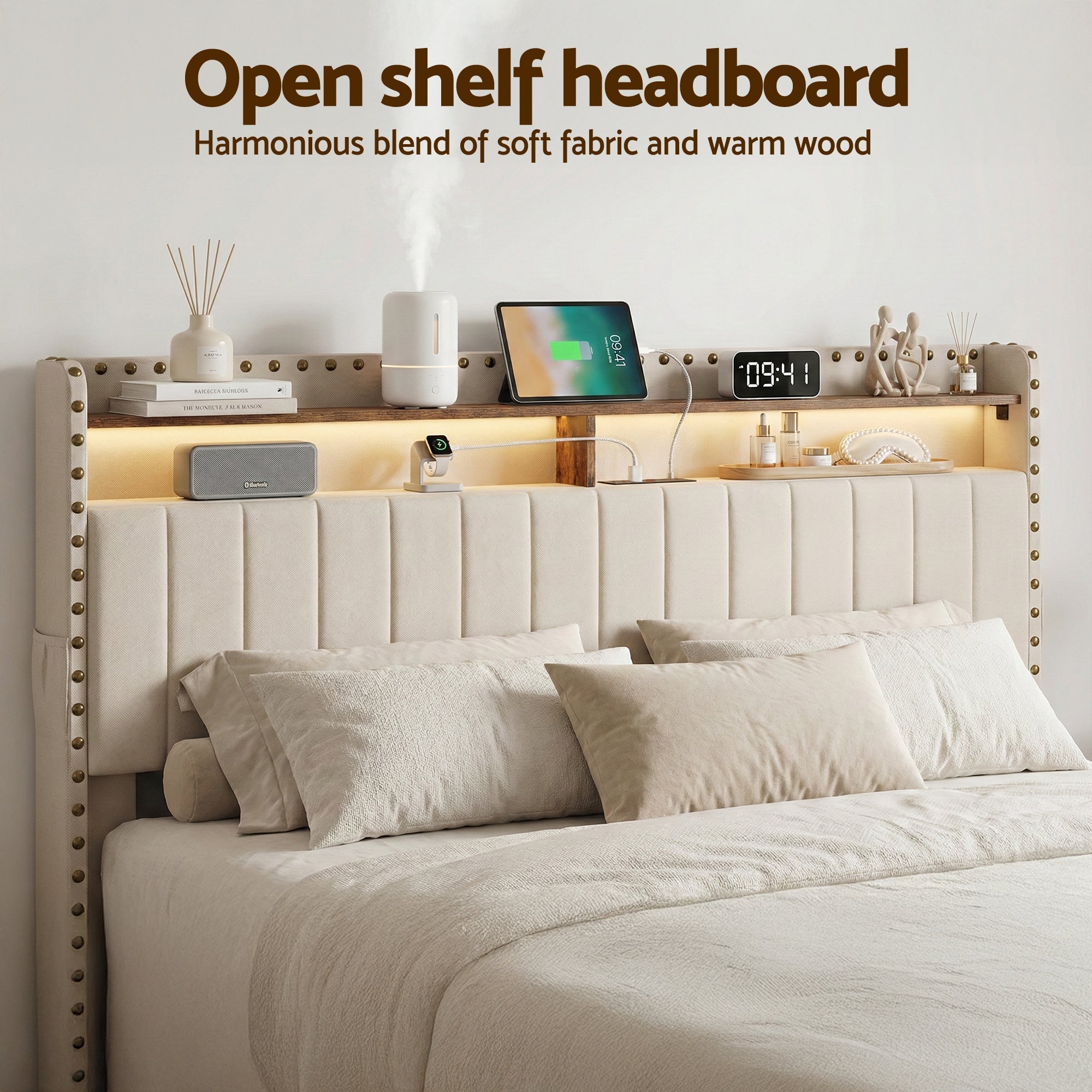 King Upholstered Bed Frame with Shelf Storage Drawers Charging Station Mood Lighting Linen - Furniture > Bedroom > Beds & Bed Frames - Rivercity House & Home Co. (ABN 18 642 972 209) - Affordable Modern Furniture Australia