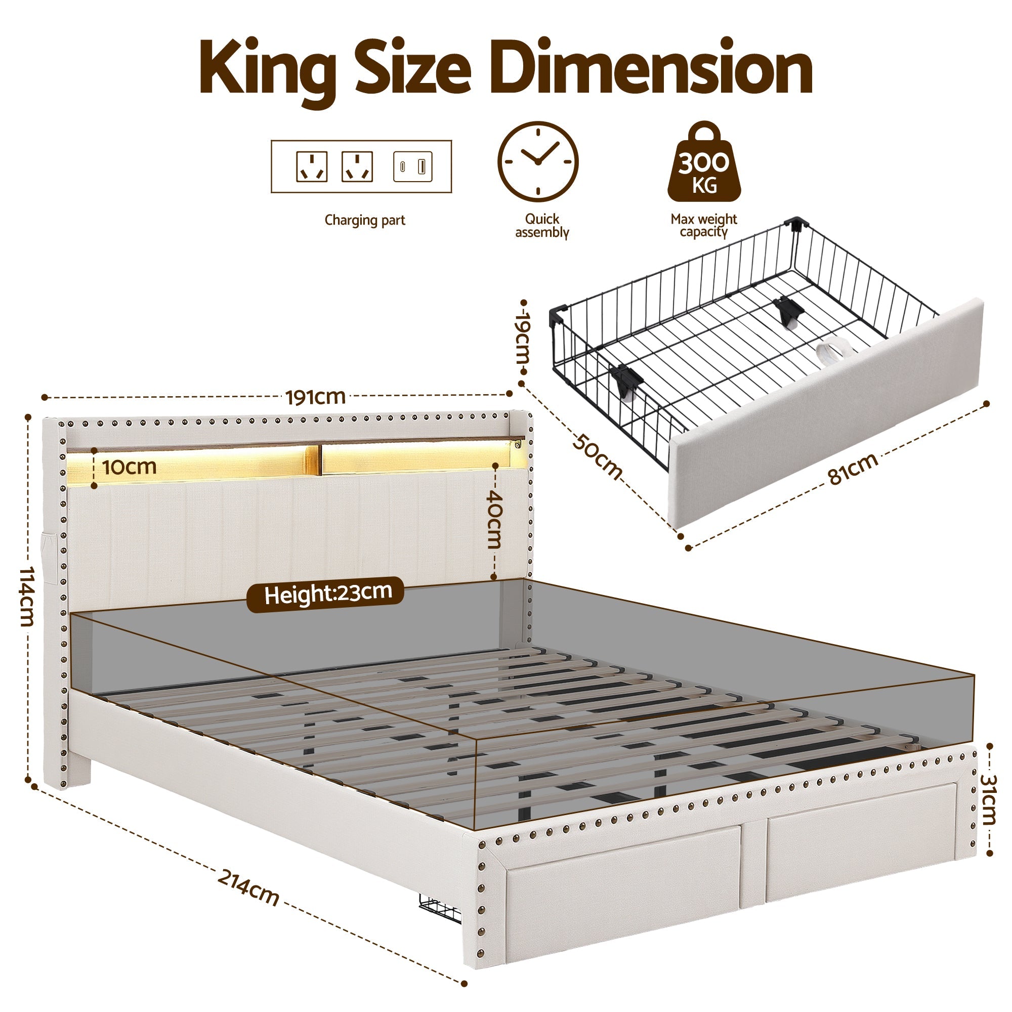 King Upholstered Bed Frame with Shelf Storage Drawers Charging Station Mood Lighting Linen - Furniture > Bedroom > Beds & Bed Frames - Rivercity House & Home Co. (ABN 18 642 972 209) - Affordable Modern Furniture Australia