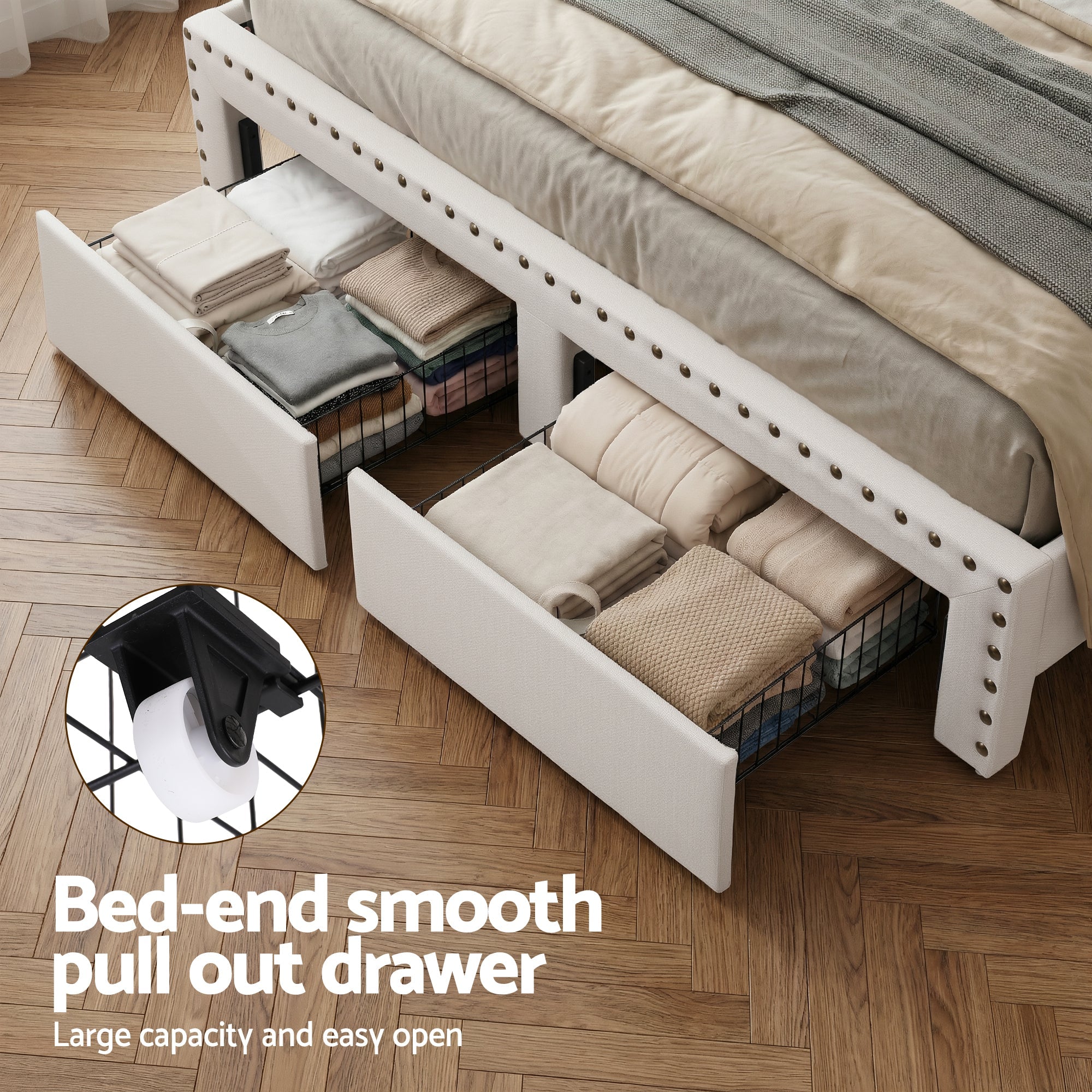 King Upholstered Bed Frame with Shelf Storage Drawers Charging Station Mood Lighting Linen - Furniture > Bedroom > Beds & Bed Frames - Rivercity House & Home Co. (ABN 18 642 972 209) - Affordable Modern Furniture Australia
