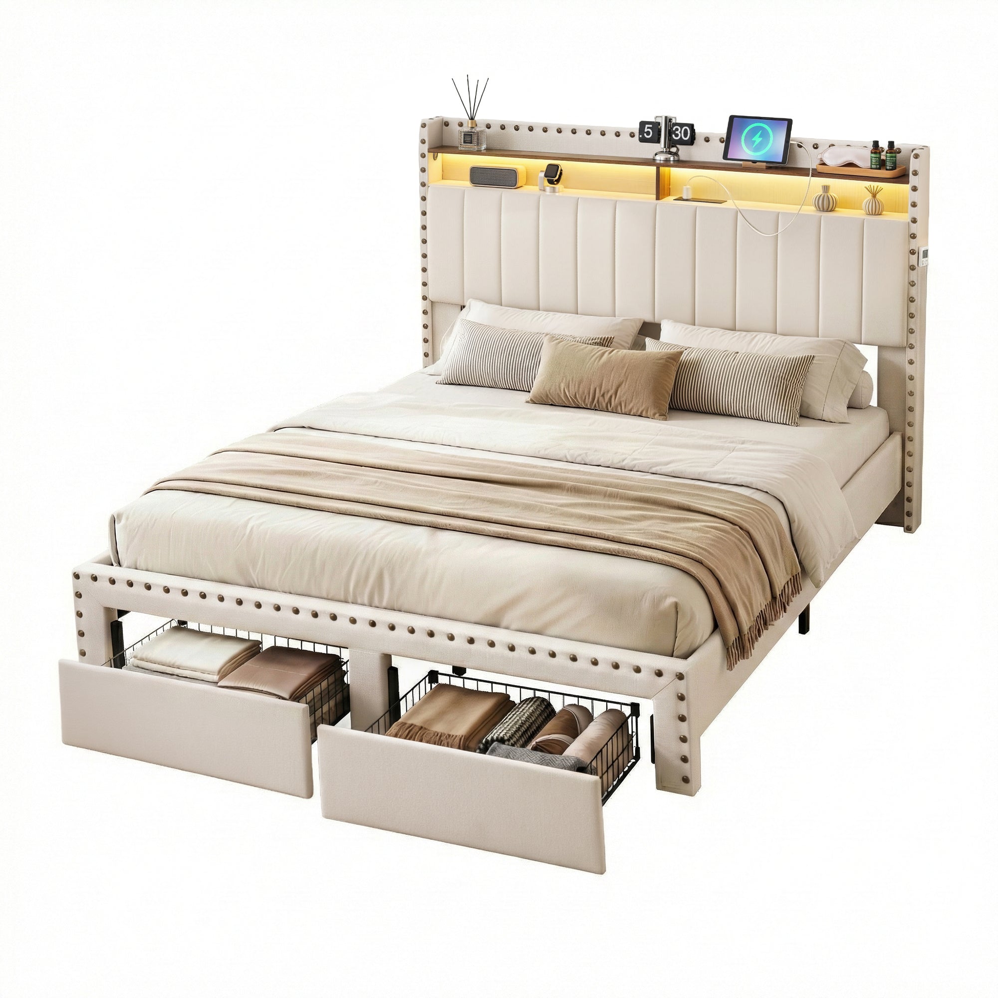 King Upholstered Bed Frame with Shelf Storage Drawers Charging Station Mood Lighting Linen - Furniture > Bedroom > Beds & Bed Frames - Rivercity House & Home Co. (ABN 18 642 972 209) - Affordable Modern Furniture Australia