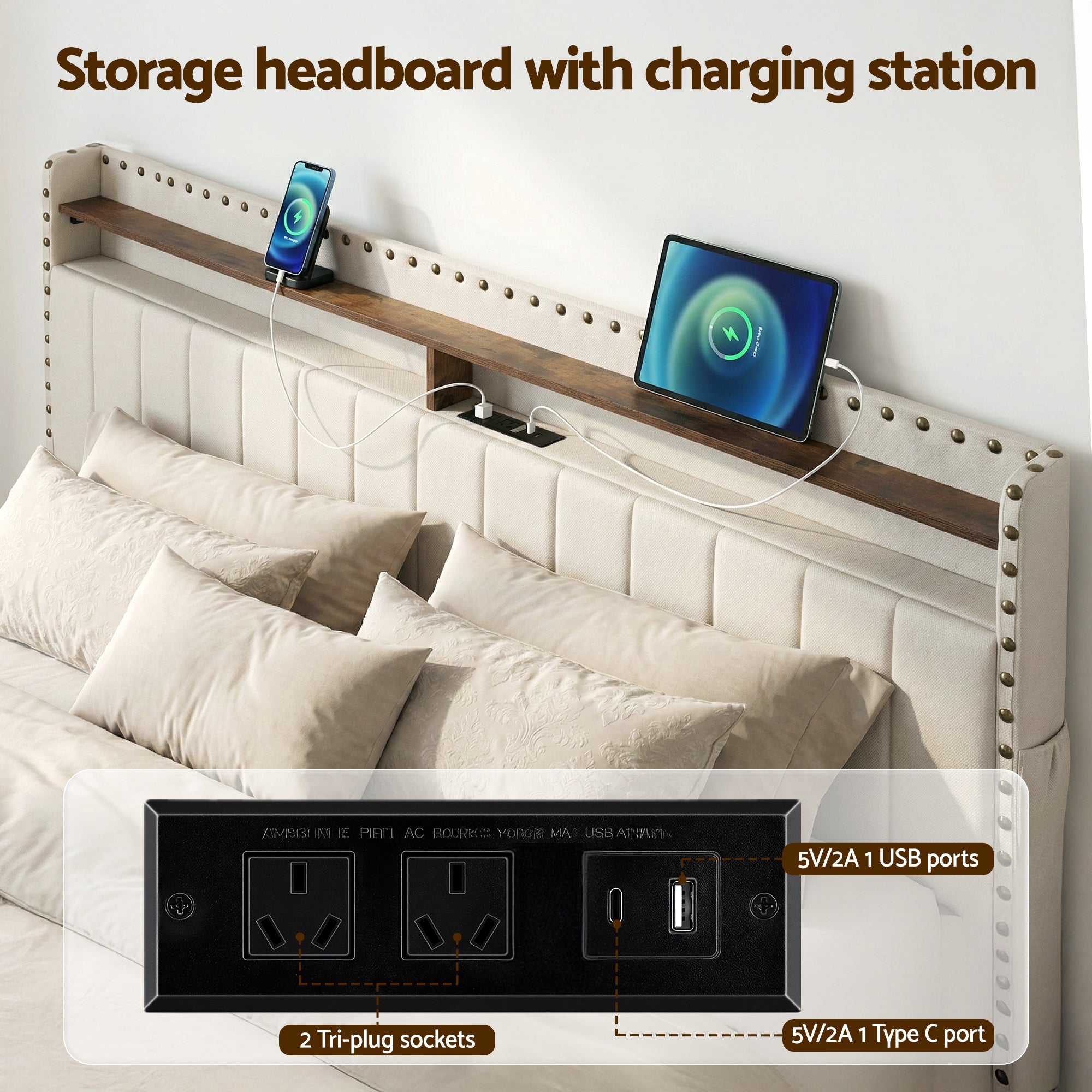 King Upholstered Bed Frame with Shelf Storage Drawers Charging Station Mood Lighting Linen - Furniture > Bedroom > Beds & Bed Frames - Rivercity House & Home Co. (ABN 18 642 972 209) - Affordable Modern Furniture Australia