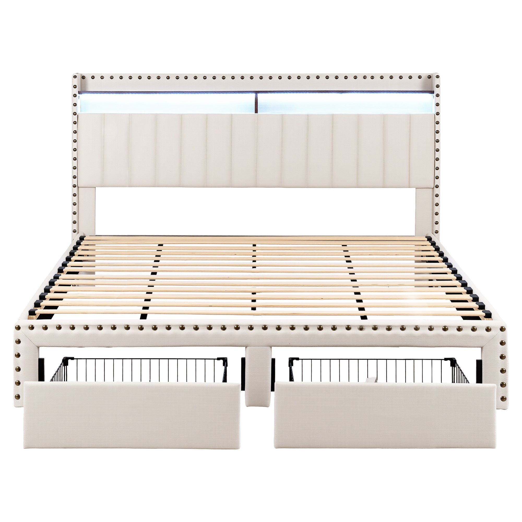 King Upholstered Bed Frame with Shelf Storage Drawers Charging Station Mood Lighting Linen - Furniture > Bedroom > Beds & Bed Frames - Rivercity House & Home Co. (ABN 18 642 972 209) - Affordable Modern Furniture Australia