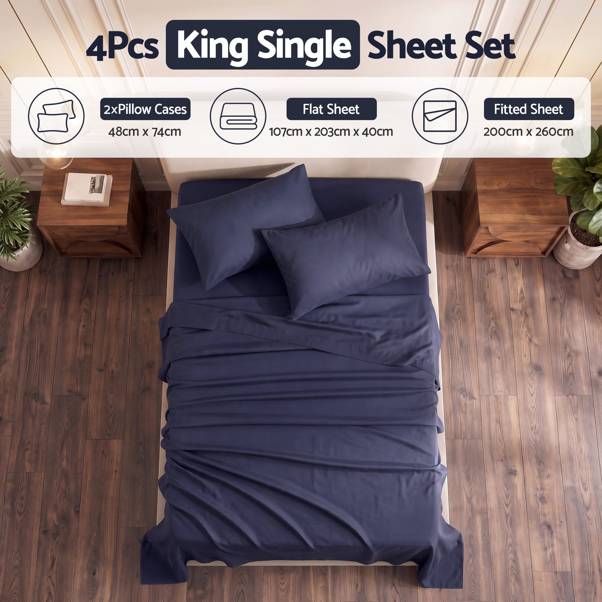 Kingsingle 500TC Cotton 4Pcs Sheet Set with 40cm Extra Deep Pocket for Thick Mattresses Sateen Weave for Sweaty Nights Navy Blue - Home & Garden > Bedding > Bed Sheets - Rivercity House & Home Co. (ABN 18 642 972 209) - Affordable Modern Furniture Australia