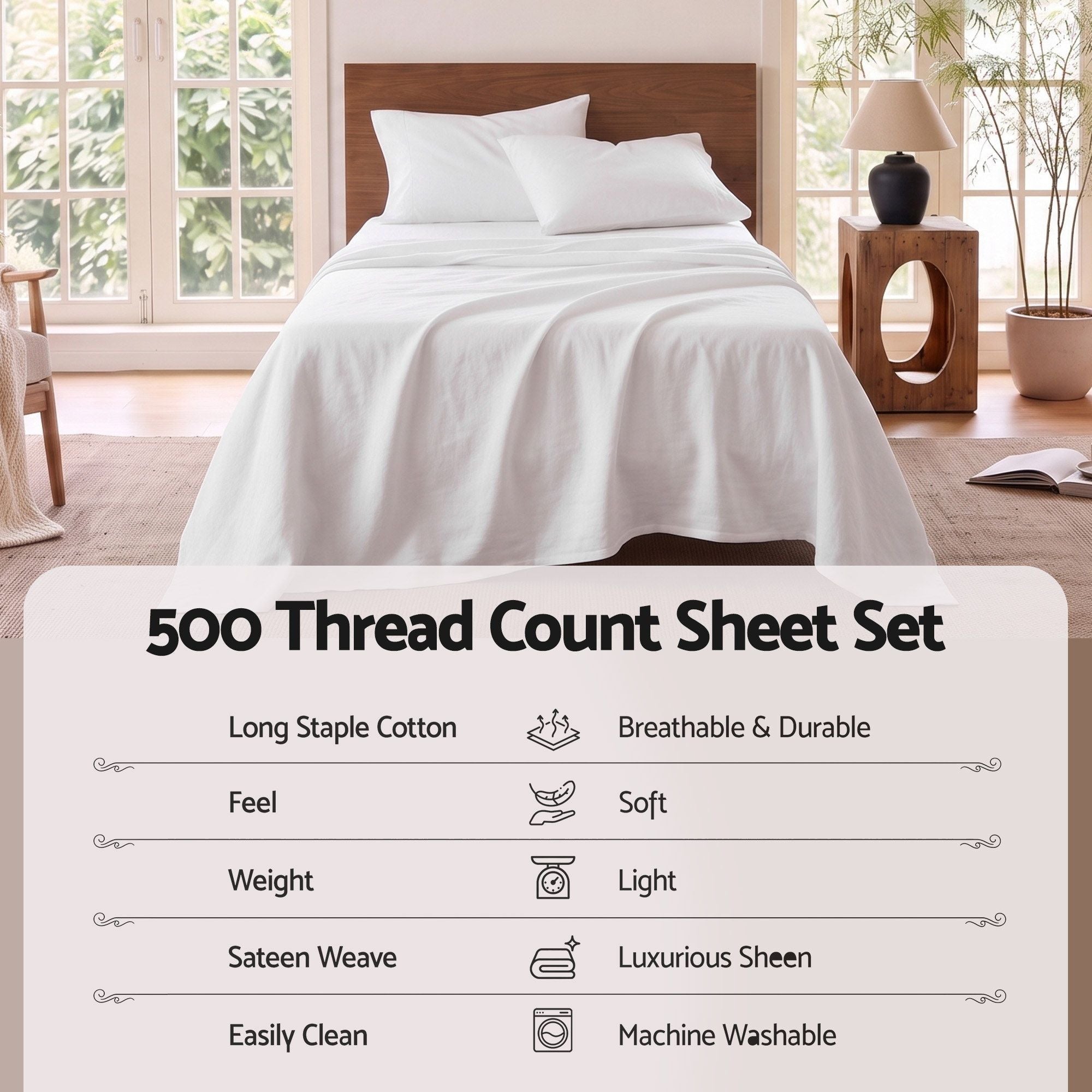 Kingsingle 500TC Cotton 4Pcs Sheet Set with 40cm Extra Deep Pocket for Thick Mattresses Sateen Weave for Sweaty Nights White - Home & Garden > Bedding > Bed Sheets - Rivercity House & Home Co. (ABN 18 642 972 209) - Affordable Modern Furniture Australia