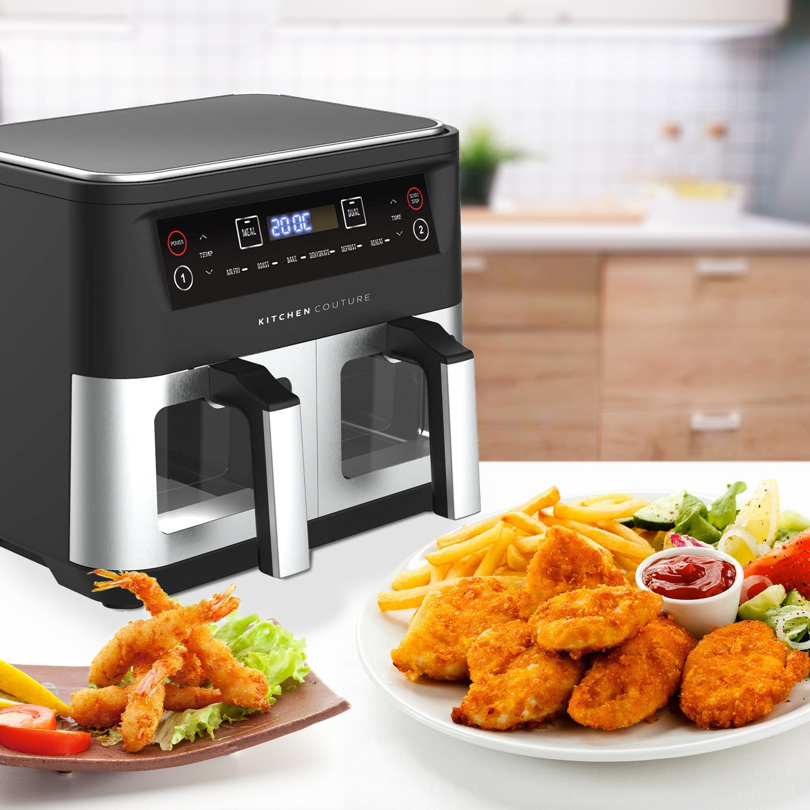 Kitchen Couture Dual View 2 x 5 Litre (10 Litre) Air Fryer Stainless Steel - Appliances > Kitchen Appliances > Air Fryers - Rivercity House & Home Co. (ABN 18 642 972 209) - Affordable Modern Furniture Australia