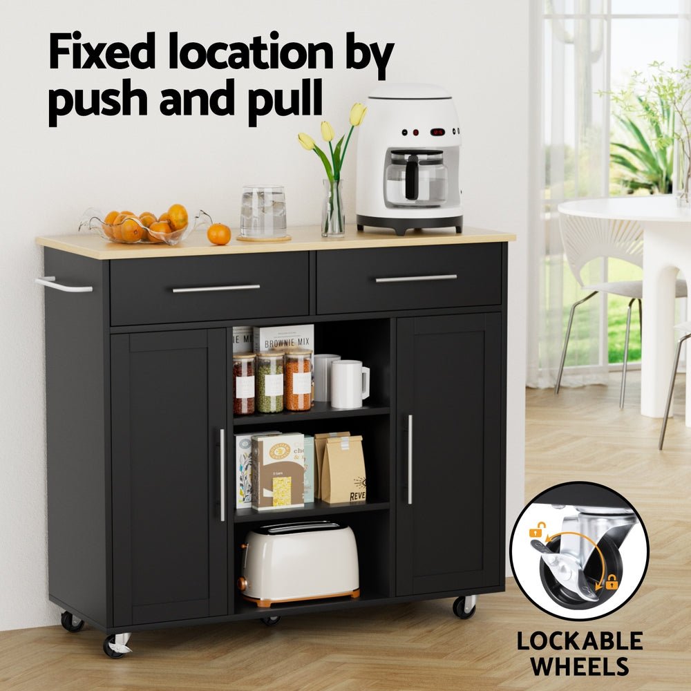 Kitchen Island Trolley Rolling Serving Cart Storage Drawer Cabinet 100cm Black - Tools > Tools Storage > Work Benches - Rivercity House & Home Co. (ABN 18 642 972 209) - Affordable Modern Furniture Australia