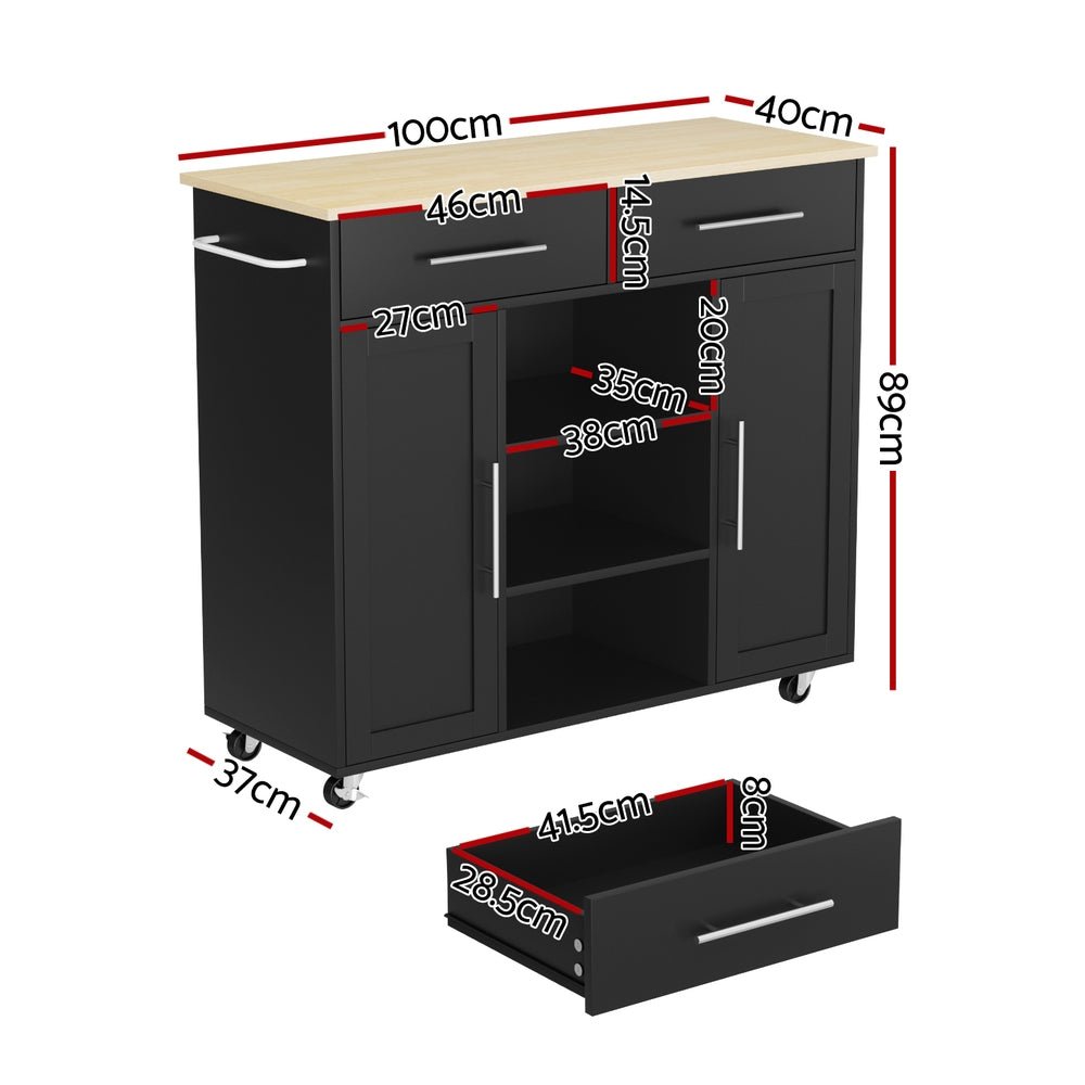 Kitchen Island Trolley Rolling Serving Cart Storage Drawer Cabinet 100cm Black - Tools > Tools Storage > Work Benches - Rivercity House & Home Co. (ABN 18 642 972 209) - Affordable Modern Furniture Australia