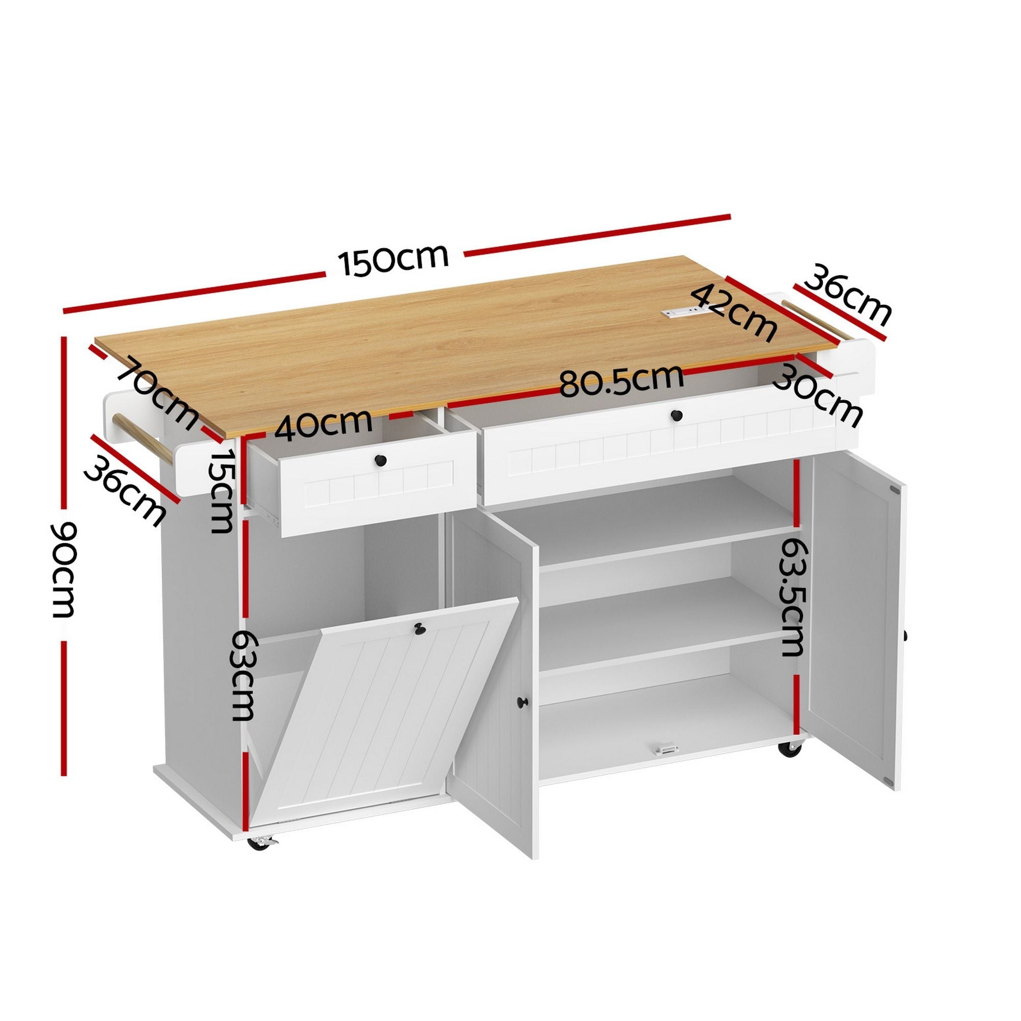 Kitchen Island Trolley Rolling Serving Cart Storage Drawer Cabinet 150cm White - Furniture > Dining > Kitchen & Dining Trolleys - Rivercity House & Home Co. (ABN 18 642 972 209) - Affordable Modern Furniture Australia