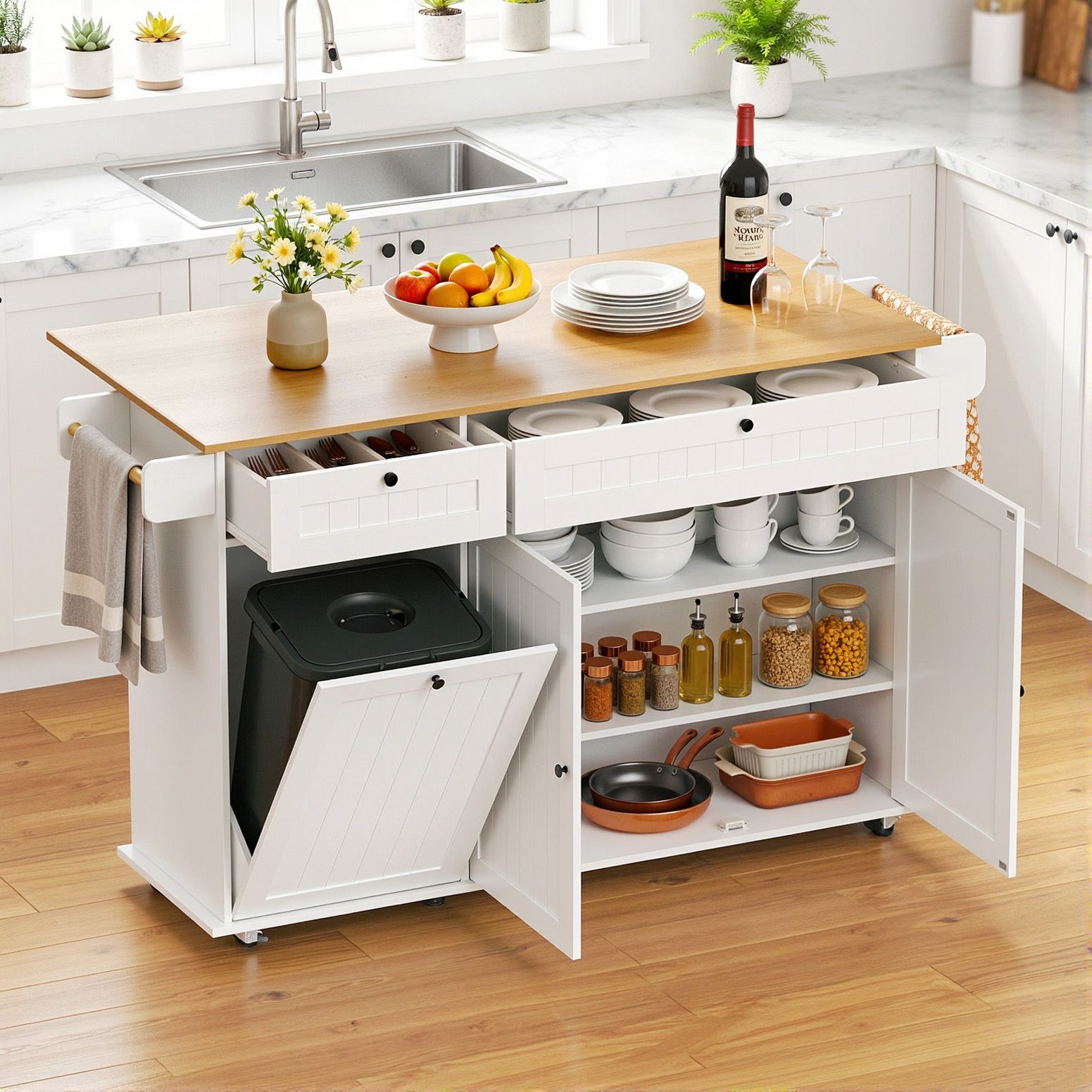 Kitchen Island Trolley Rolling Serving Cart Storage Drawer Cabinet 150cm White - Furniture > Dining > Kitchen & Dining Trolleys - Rivercity House & Home Co. (ABN 18 642 972 209) - Affordable Modern Furniture Australia