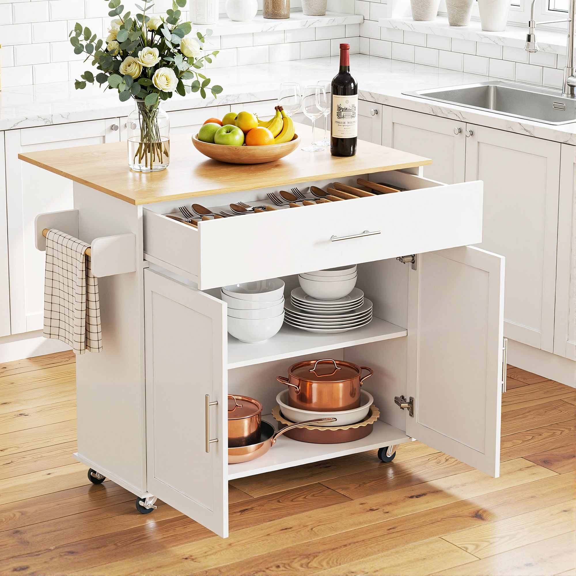 Kitchen Island Trolley Rolling Serving Cart Storage Drawer Cabinet 90cm White - Furniture > Dining > Kitchen & Dining Trolleys - Rivercity House & Home Co. (ABN 18 642 972 209) - Affordable Modern Furniture Australia