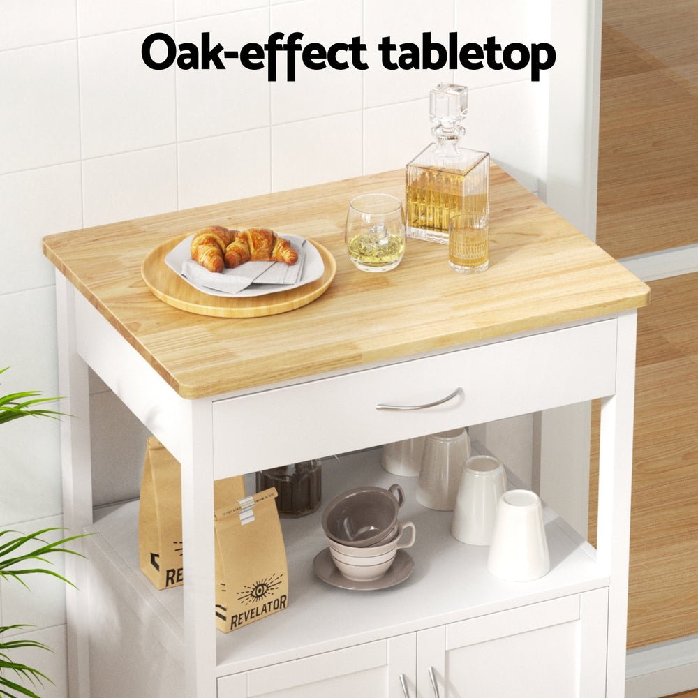 Kitchen Island Trolley with Rolling Casters, Drawer & Cupboard 60cm - White Oak - Furniture > Dining > Kitchen & Dining Trolleys - Rivercity House & Home Co. (ABN 18 642 972 209) - Affordable Modern Furniture Australia