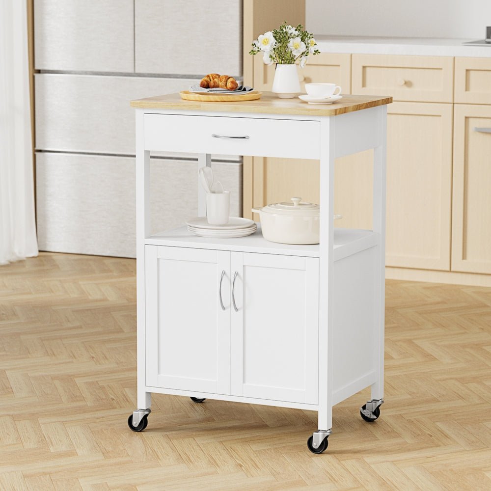 Kitchen Island Trolley with Rolling Casters, Drawer & Cupboard 60cm - White Oak - Furniture > Dining > Kitchen & Dining Trolleys - Rivercity House & Home Co. (ABN 18 642 972 209) - Affordable Modern Furniture Australia