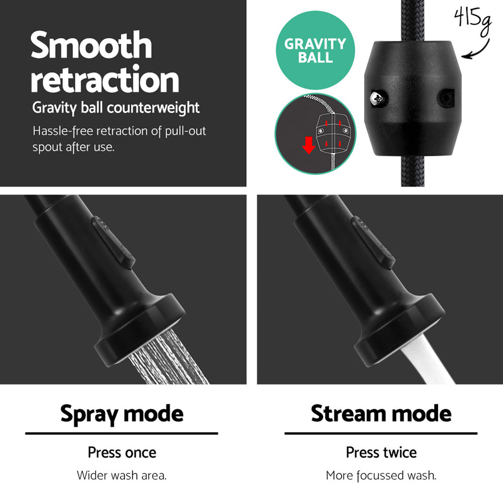 Kitchen Mixer Tap Pull Down 2 Modes Sink Faucet Basin Laundry Black - Furniture > Bathroom > Tap & Sink Accessories - Rivercity House & Home Co. (ABN 18 642 972 209) - Affordable Modern Furniture Australia