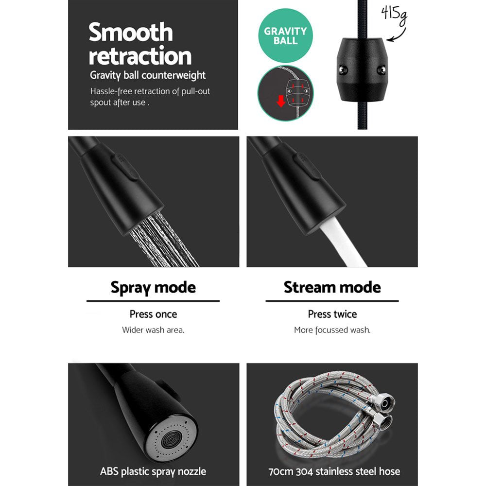 Kitchen Mixer Tap Pull Out 2 Mode Sink Faucet Basin Laundry Black - Furniture > Bathroom > Tap & Sink Accessories - Rivercity House & Home Co. (ABN 18 642 972 209) - Affordable Modern Furniture Australia