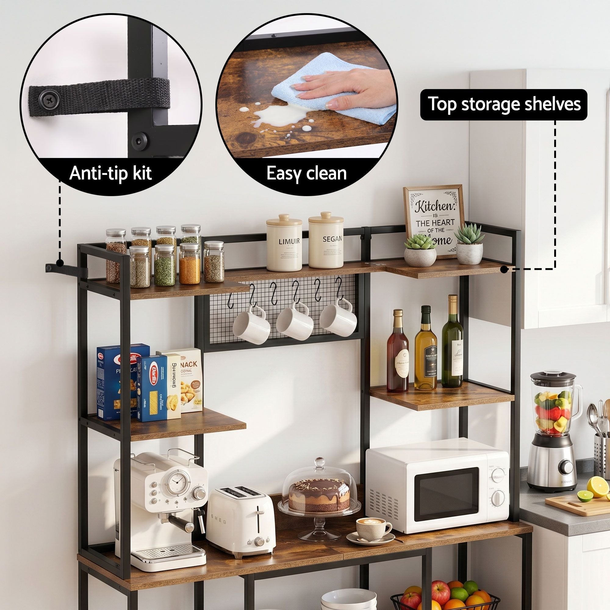 Kitchen Rack with 6 Hooks Microwave Storage Shelf 120cm x 170cm - Home & Garden > Kitchenware > Kitchen Utensils - Rivercity House & Home Co. (ABN 18 642 972 209) - Affordable Modern Furniture Australia