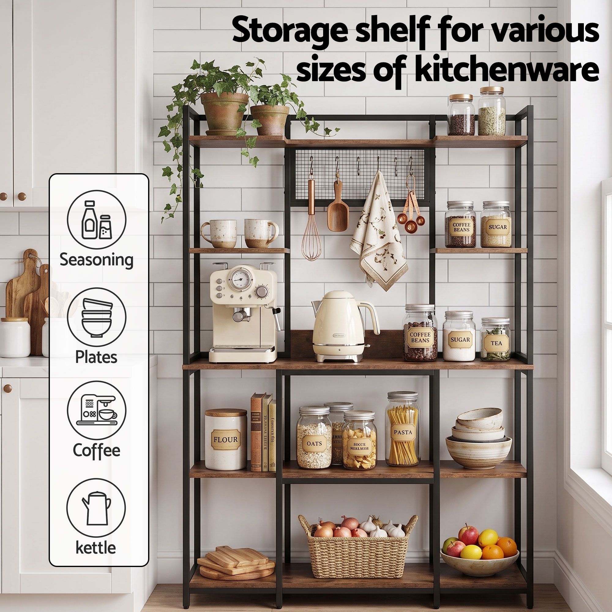 Kitchen Rack with 6 Hooks Microwave Storage Shelf 120cm x 170cm - Home & Garden > Kitchenware > Kitchen Utensils - Rivercity House & Home Co. (ABN 18 642 972 209) - Affordable Modern Furniture Australia