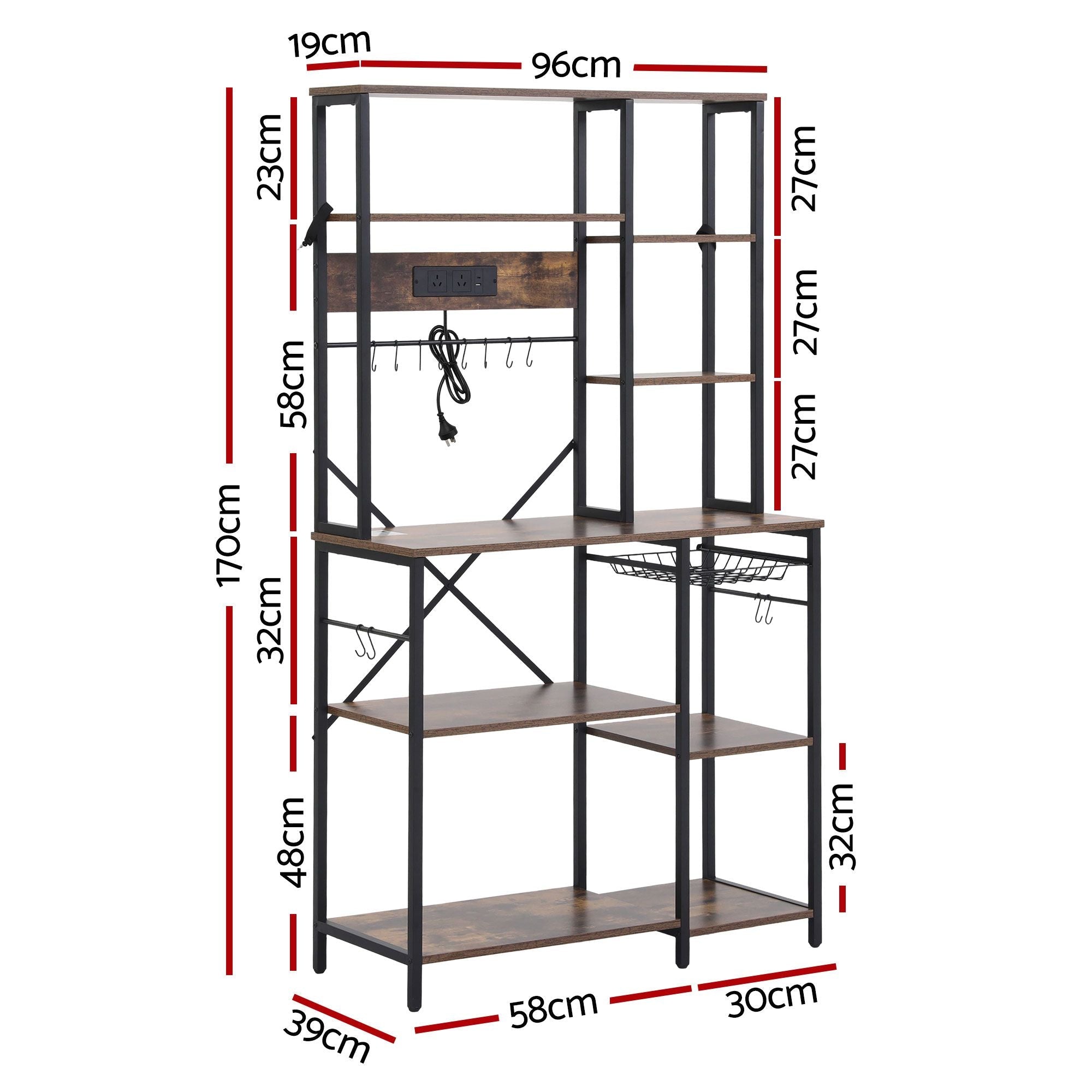 Kitchen Rack with Power Outlets Hooks 96CMX170CM Microwave Storage Shelf - Home & Garden > Kitchenware > Kitchen Utensils - Rivercity House & Home Co. (ABN 18 642 972 209) - Affordable Modern Furniture Australia