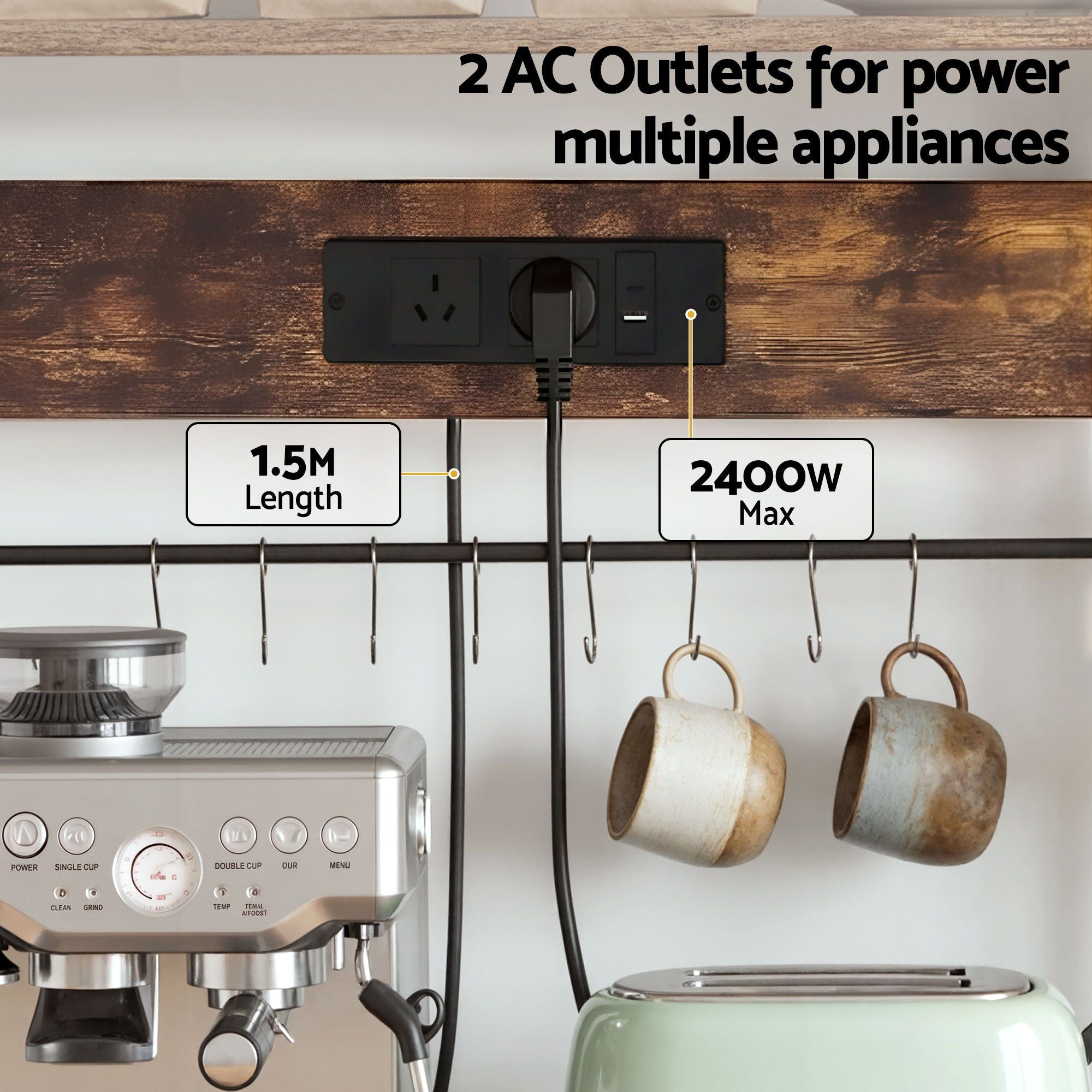 Kitchen Rack with Power Outlets Hooks 96CMX170CM Microwave Storage Shelf - Home & Garden > Kitchenware > Kitchen Utensils - Rivercity House & Home Co. (ABN 18 642 972 209) - Affordable Modern Furniture Australia