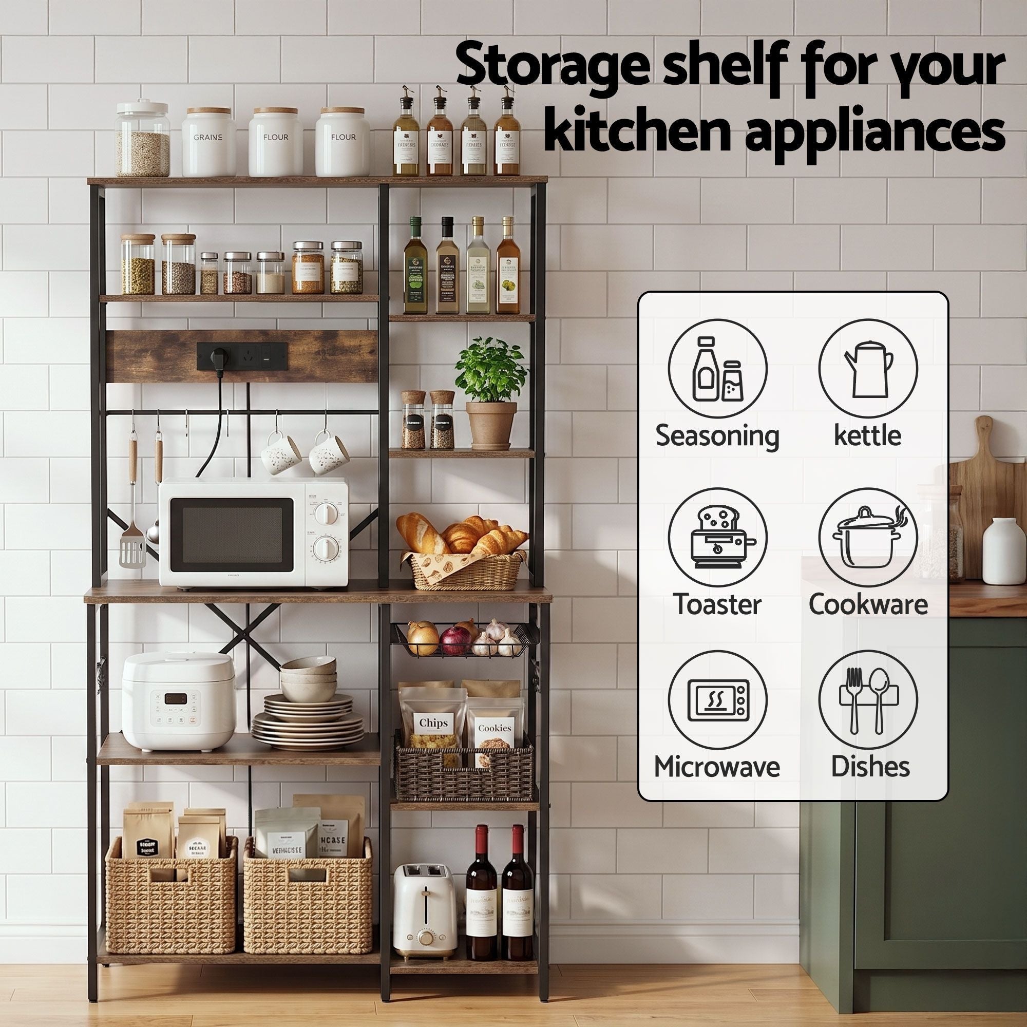 Kitchen Rack with Power Outlets Hooks 96CMX170CM Microwave Storage Shelf - Home & Garden > Kitchenware > Kitchen Utensils - Rivercity House & Home Co. (ABN 18 642 972 209) - Affordable Modern Furniture Australia