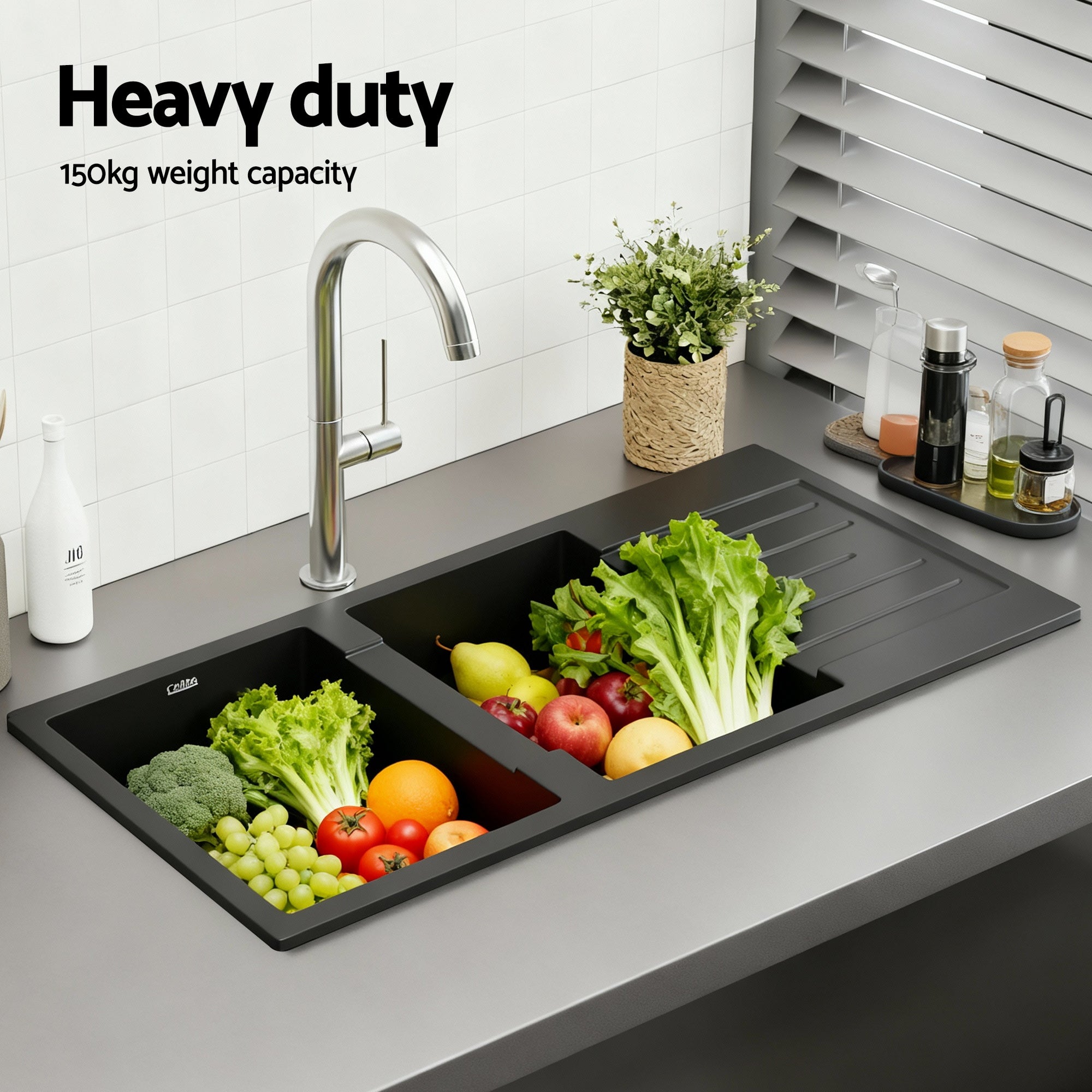 Kitchen Sink 116x50cm Granite Stone Sink Double Bowl Black - Furniture > Bathroom > Sinks - Rivercity House & Home Co. (ABN 18 642 972 209) - Affordable Modern Furniture Australia