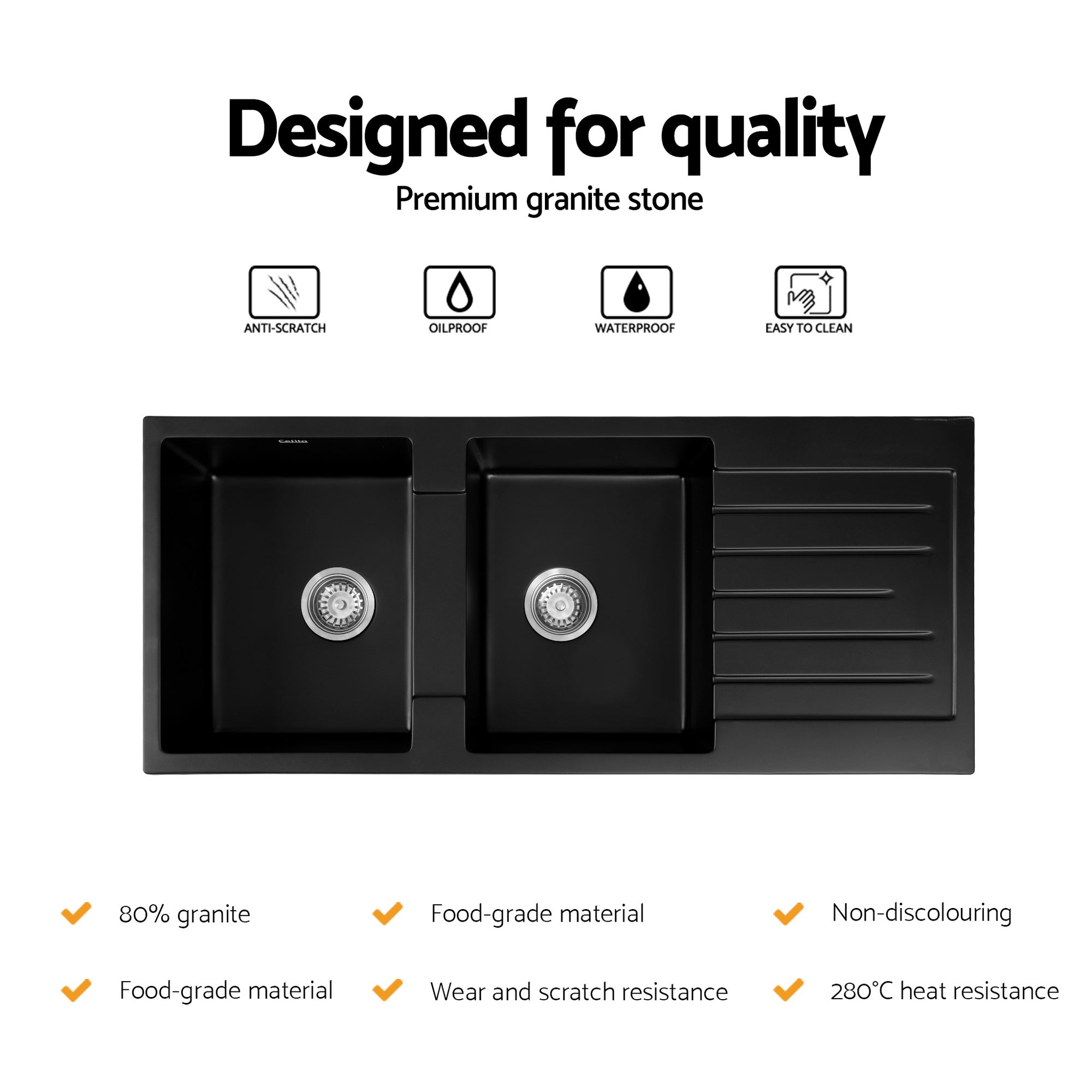 Kitchen Sink 116x50cm Granite Stone Sink Double Bowl Black - Furniture > Bathroom > Sinks - Rivercity House & Home Co. (ABN 18 642 972 209) - Affordable Modern Furniture Australia