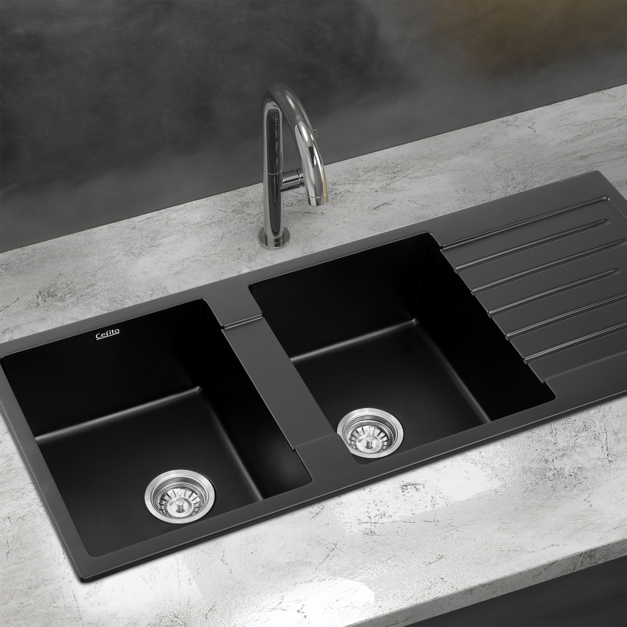 Kitchen Sink 116x50cm Granite Stone Sink Double Bowl Black - Furniture > Bathroom > Sinks - Rivercity House & Home Co. (ABN 18 642 972 209) - Affordable Modern Furniture Australia