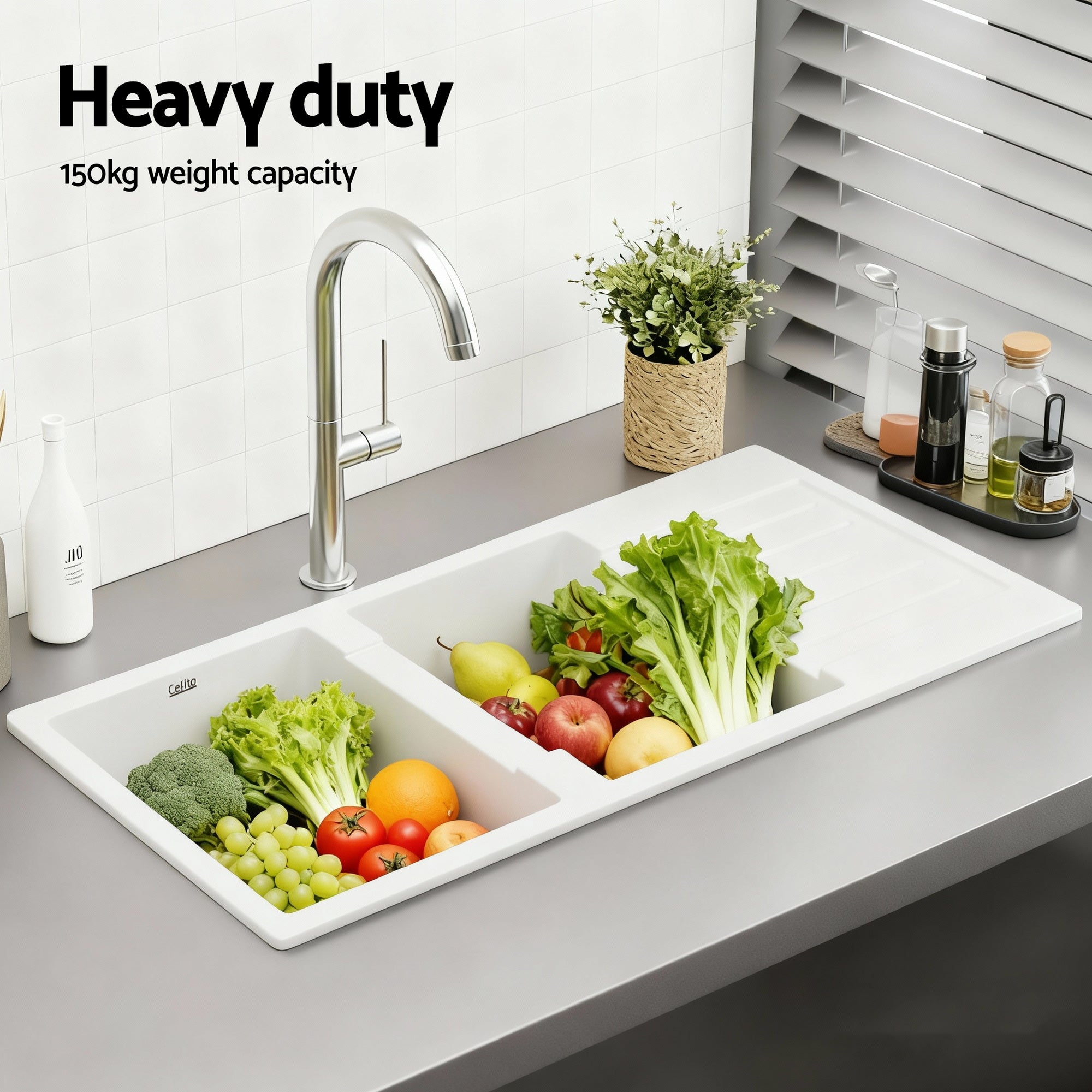 Kitchen Sink 116x50cm Granite Stone Sink Double Bowl White - Furniture > Bathroom > Sinks - Rivercity House & Home Co. (ABN 18 642 972 209) - Affordable Modern Furniture Australia