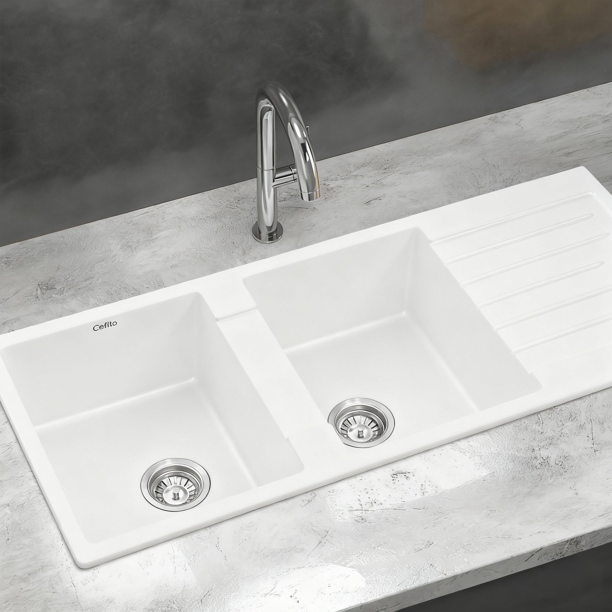 Kitchen Sink 116x50cm Granite Stone Sink Double Bowl White - Furniture > Bathroom > Sinks - Rivercity House & Home Co. (ABN 18 642 972 209) - Affordable Modern Furniture Australia