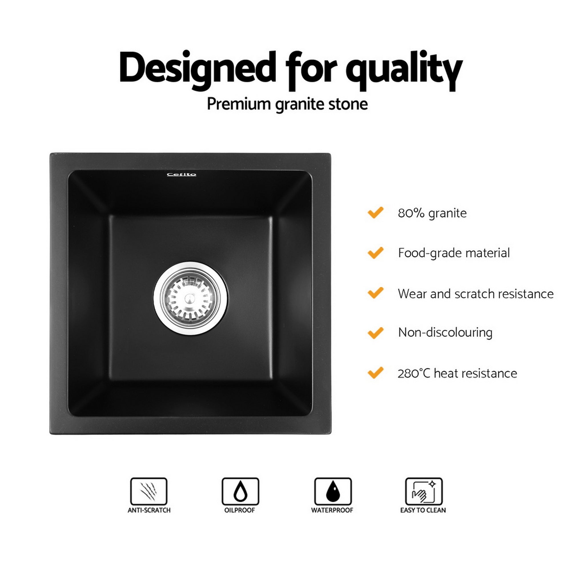 Kitchen Sink 38x38cm Granite Stone Sink Single Bowl Black - Furniture > Bathroom > Sinks - Rivercity House & Home Co. (ABN 18 642 972 209) - Affordable Modern Furniture Australia