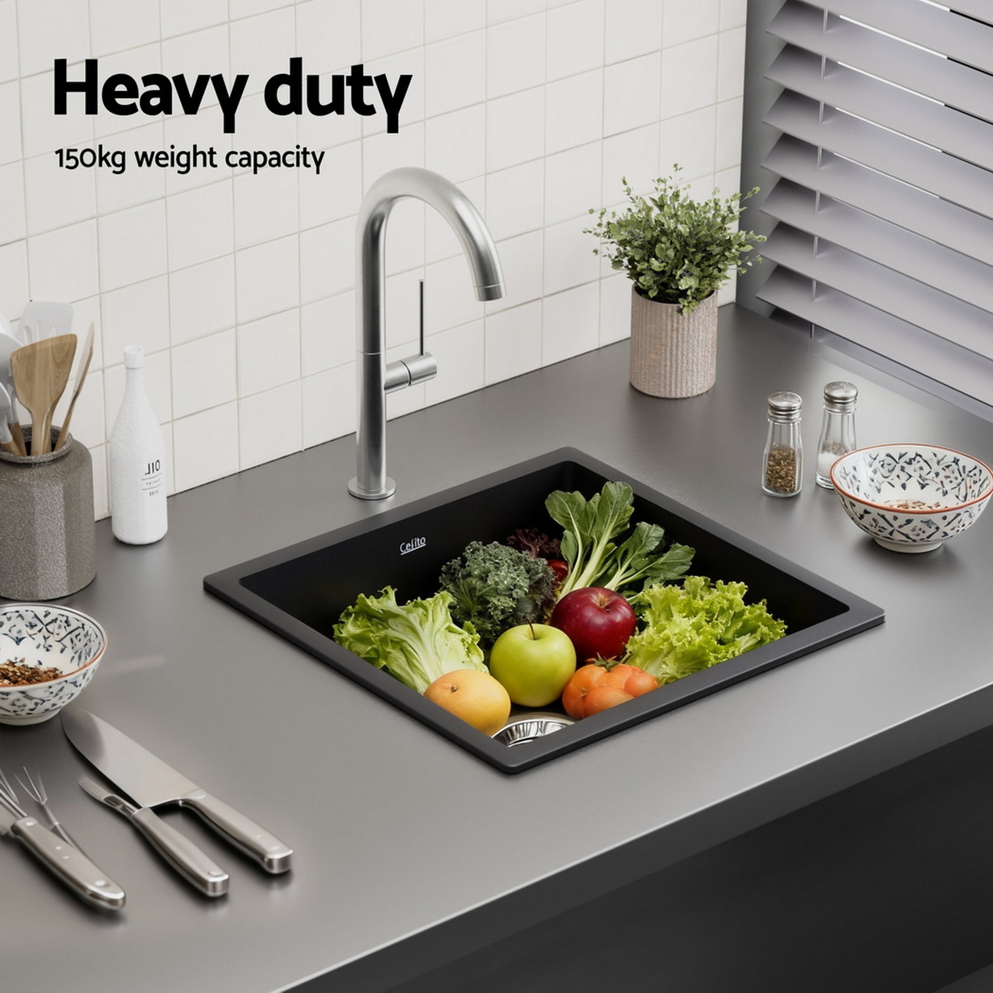 Kitchen Sink 38x38cm Granite Stone Sink Single Bowl Black - Furniture > Bathroom > Sinks - Rivercity House & Home Co. (ABN 18 642 972 209) - Affordable Modern Furniture Australia