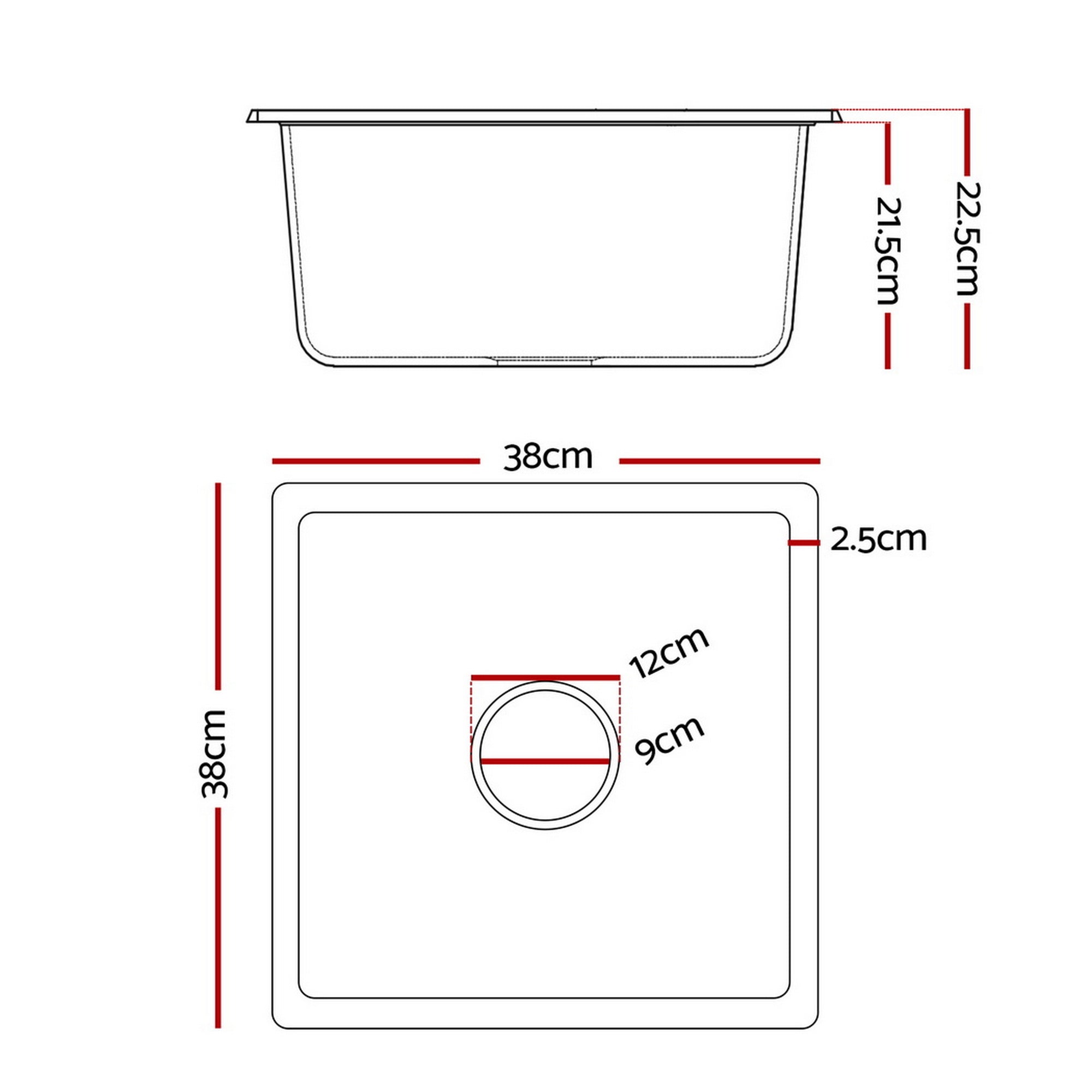 Kitchen Sink 38x38cm Granite Stone Sink Single Bowl Black - Furniture > Bathroom > Sinks - Rivercity House & Home Co. (ABN 18 642 972 209) - Affordable Modern Furniture Australia