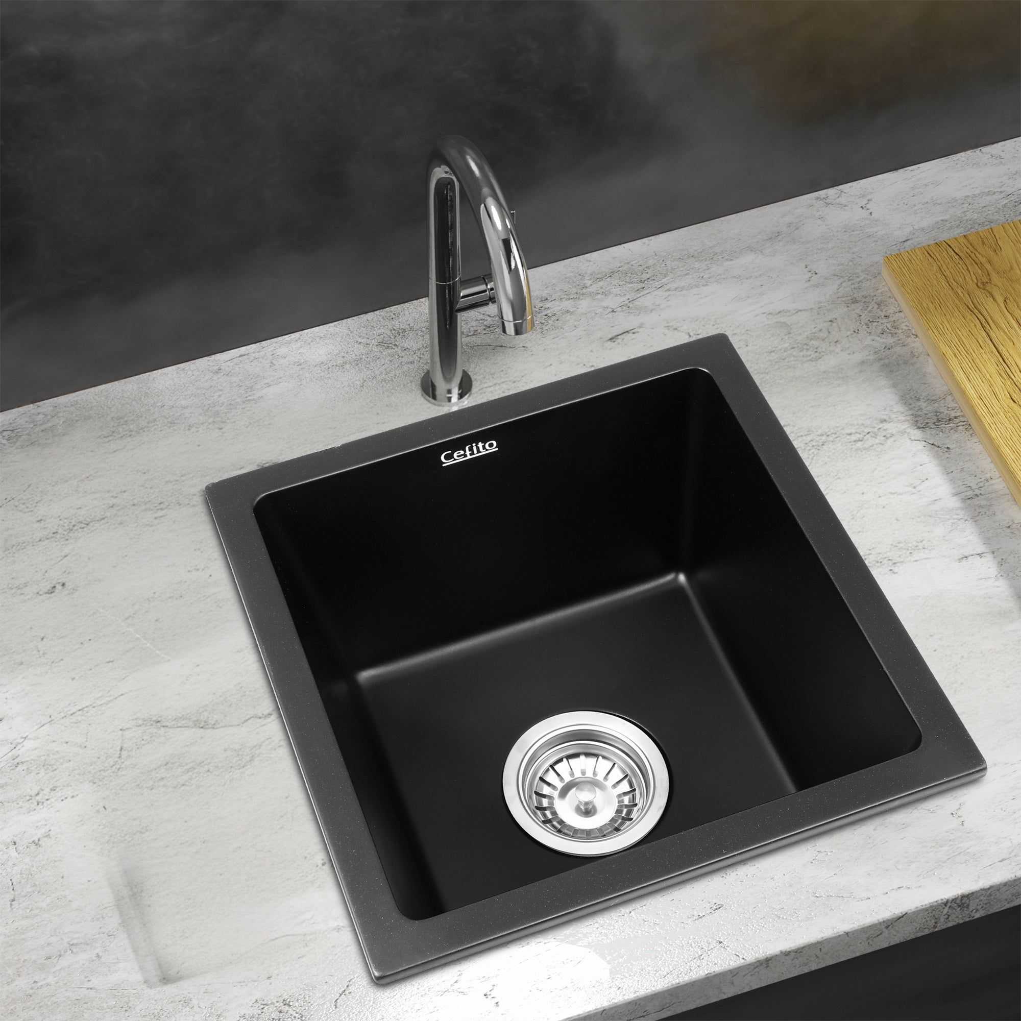 Kitchen Sink 38x38cm Granite Stone Sink Single Bowl Black - Furniture > Bathroom > Sinks - Rivercity House & Home Co. (ABN 18 642 972 209) - Affordable Modern Furniture Australia
