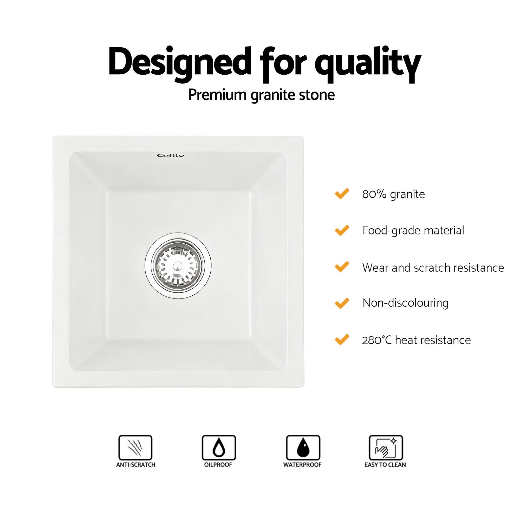 Kitchen Sink 38x38cm Granite Stone Sink Single Bowl White - Furniture > Bathroom > Sinks - Rivercity House & Home Co. (ABN 18 642 972 209) - Affordable Modern Furniture Australia