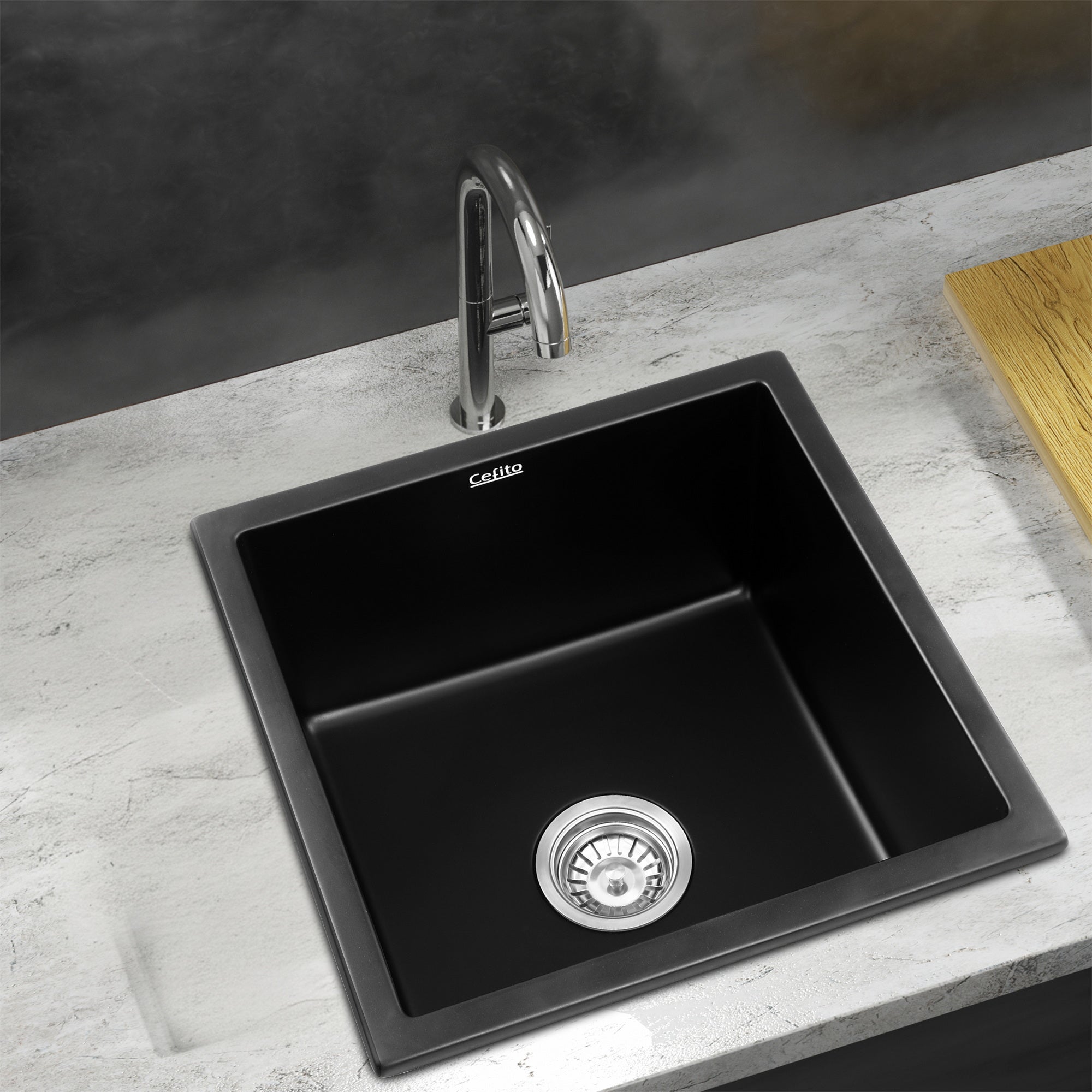 Kitchen Sink 45x45cm Granite Stone Sink Single Bowl Black - Furniture > Bathroom > Sinks - Rivercity House & Home Co. (ABN 18 642 972 209) - Affordable Modern Furniture Australia