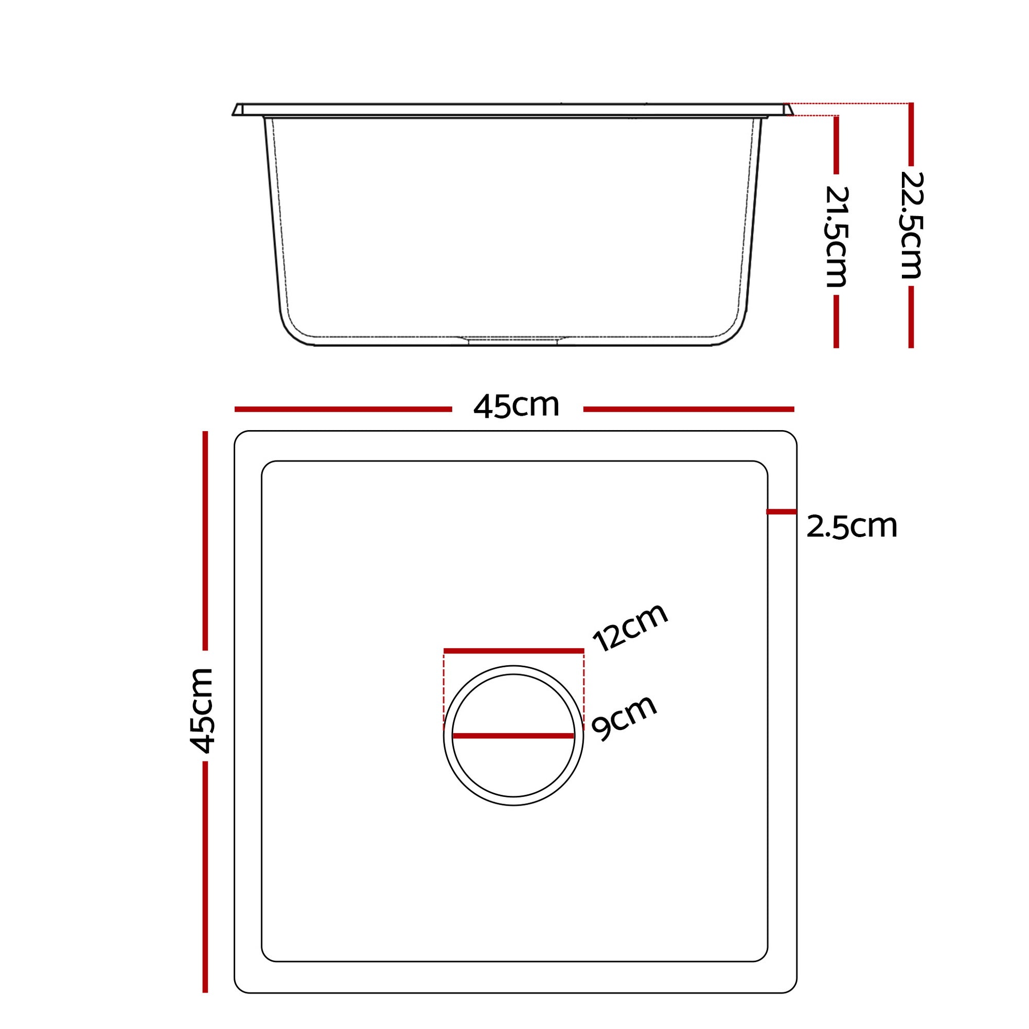 Kitchen Sink 45x45cm Granite Stone Sink Single Bowl Black - Furniture > Bathroom > Sinks - Rivercity House & Home Co. (ABN 18 642 972 209) - Affordable Modern Furniture Australia