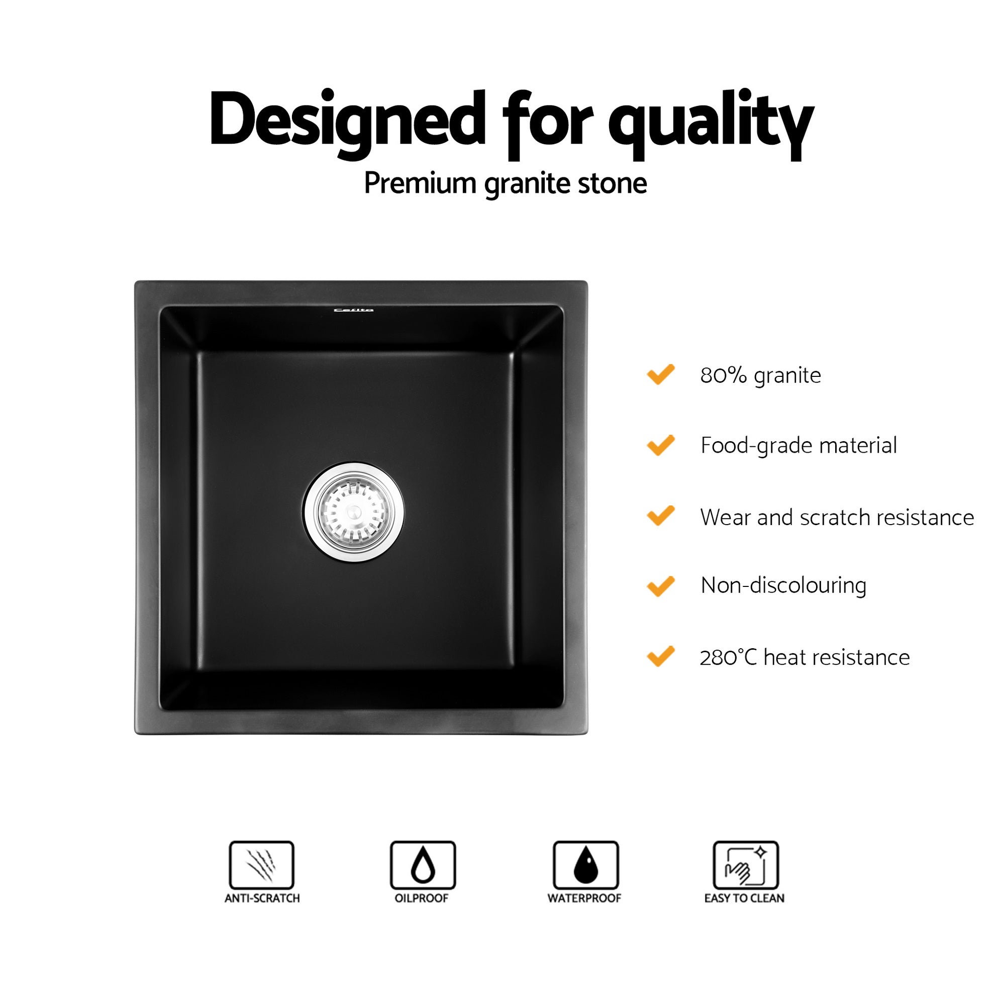 Kitchen Sink 45x45cm Granite Stone Sink Single Bowl Black - Furniture > Bathroom > Sinks - Rivercity House & Home Co. (ABN 18 642 972 209) - Affordable Modern Furniture Australia