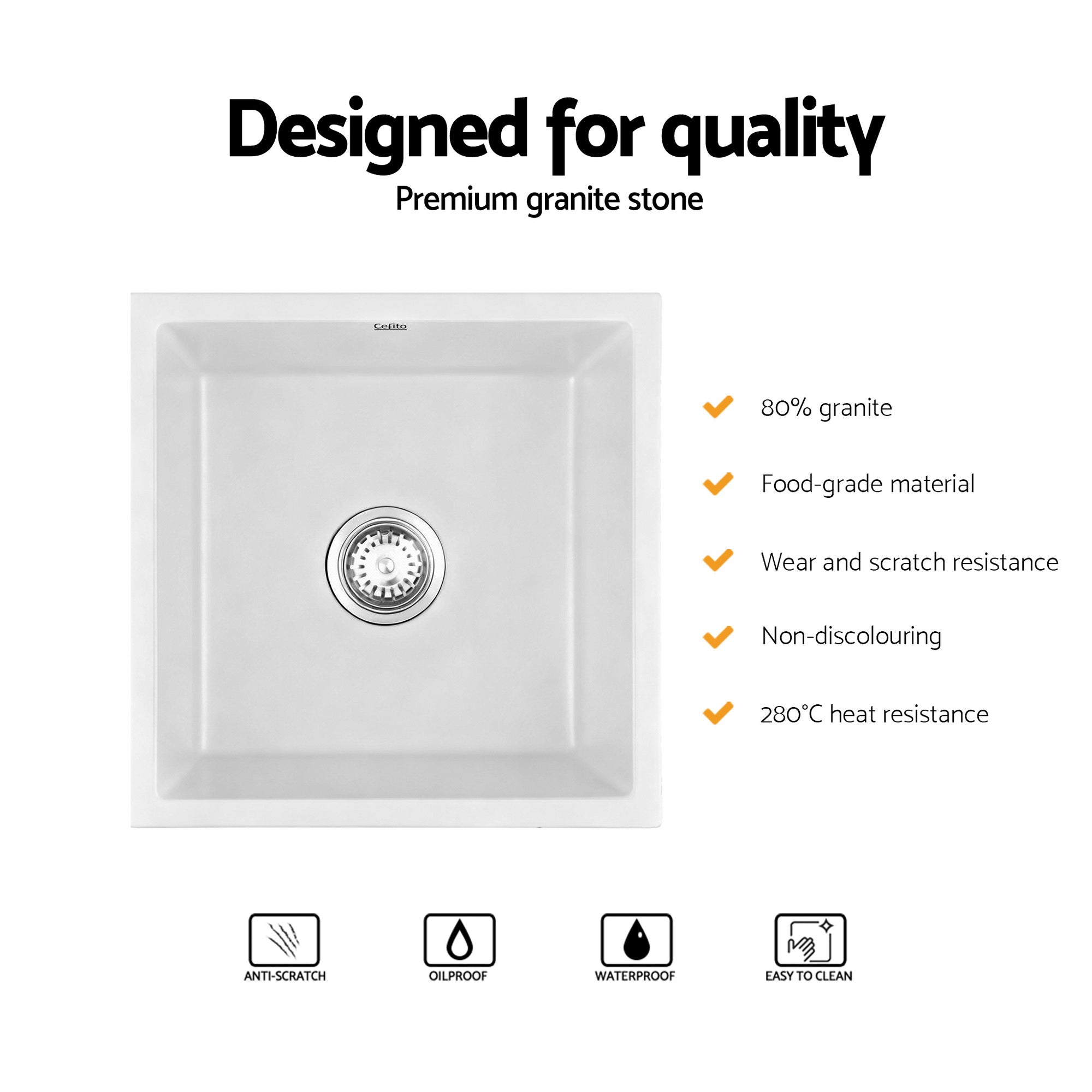 Kitchen Sink 45x45cm Granite Stone Sink Single Bowl White - Furniture > Bathroom > Sinks - Rivercity House & Home Co. (ABN 18 642 972 209) - Affordable Modern Furniture Australia