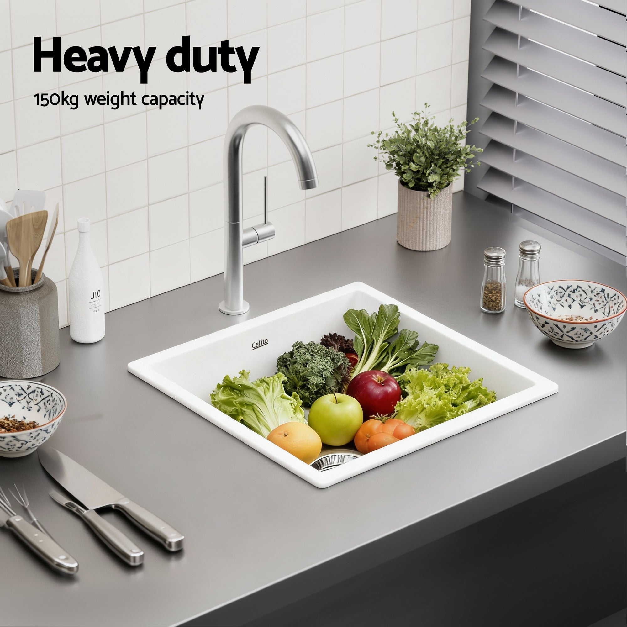 Kitchen Sink 45x45cm Granite Stone Sink Single Bowl White - Furniture > Bathroom > Sinks - Rivercity House & Home Co. (ABN 18 642 972 209) - Affordable Modern Furniture Australia
