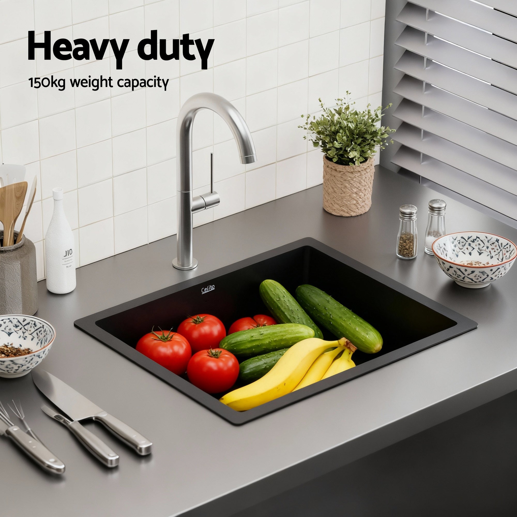 Kitchen Sink 55x45cm Granite Stone Sink Single Bowl Black - Furniture > Bathroom > Sinks - Rivercity House & Home Co. (ABN 18 642 972 209) - Affordable Modern Furniture Australia