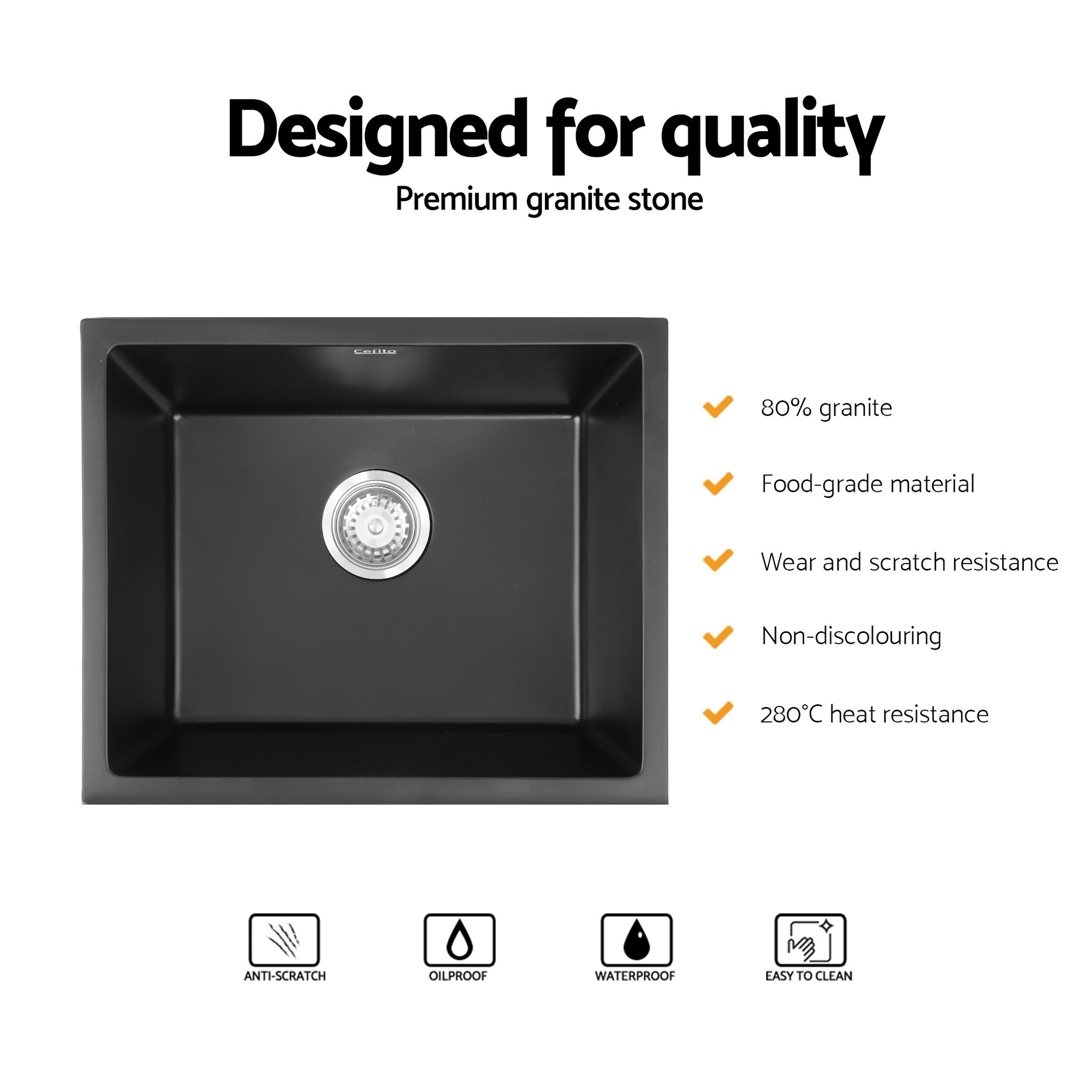 Kitchen Sink 55x45cm Granite Stone Sink Single Bowl Black - Furniture > Bathroom > Sinks - Rivercity House & Home Co. (ABN 18 642 972 209) - Affordable Modern Furniture Australia